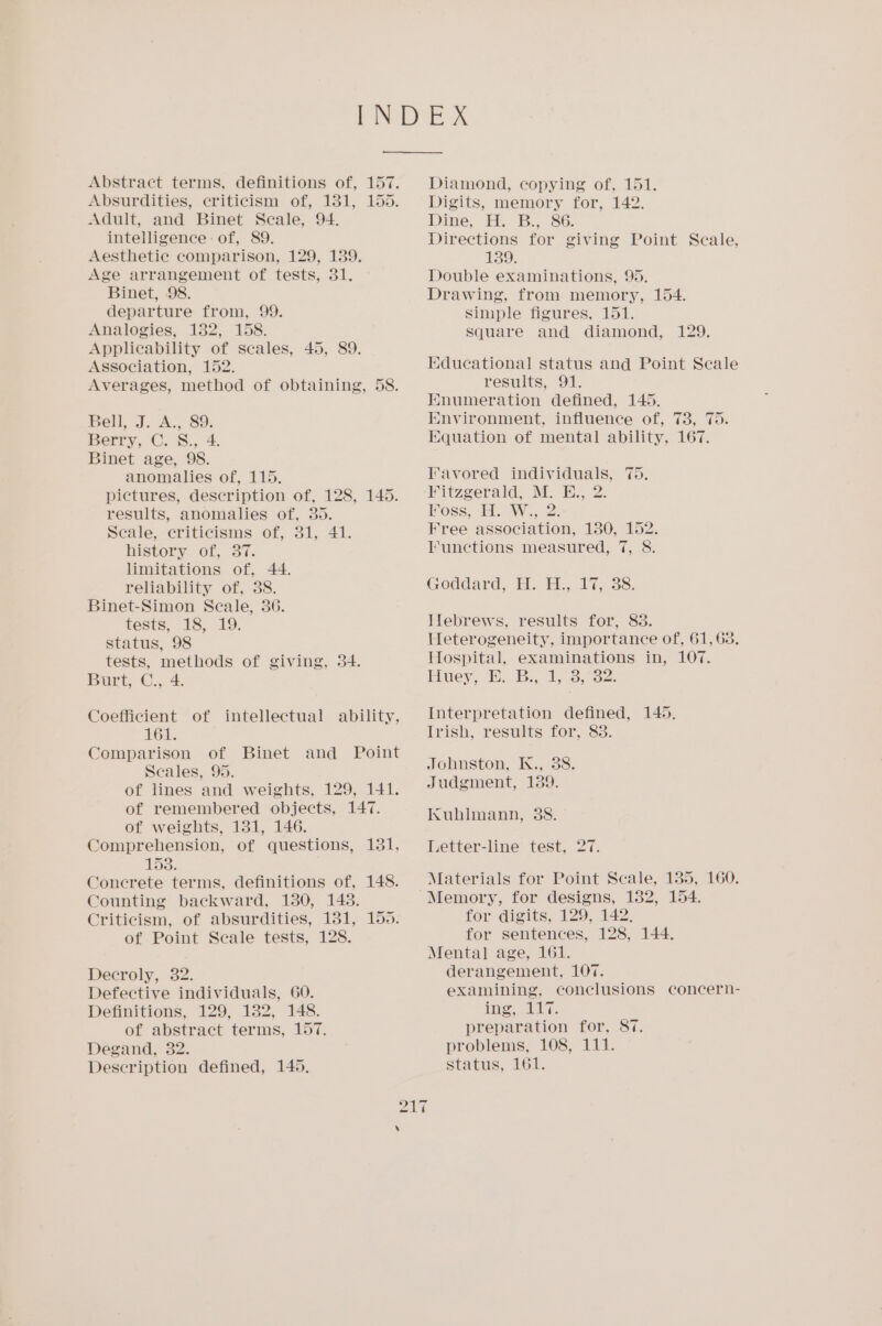 Abstract terms, definitions of, 157. Absurdities, criticism of, 131, 155. Adult, and Binet Scale, 94. intelligence: of, 89. Aesthetic comparison, 129, 139. Age arrangement of tests, 31. Binet, 98. departure from, 99. Analogies, 1382, 158. Applicability of scales, 45, 89. Association, 152. Averages, method of obtaining, 58. Bell, J. A., 89. Berry, C. S., 4. Binet age, 98. anomalies of, 115. pictures, description of, 128, 145. results, anomalies of, 35. Scale, criticisms of, 31, 41. history of, 37. limitations of, 44. reliability of, 38. Binet-Simon Scale, 36. tests, 18, 19. status, 98 tests, methods of giving, 34. Burt, C., 4. Coefficient of intellectual 161. Comparison of Binet and Point Scales, 95. of lines and weights, 129, 141. of remembered objects, 147. of weights, 131, 146. Comprehension, of questions, 153. Concrete terms, definitions of, 148. Counting backward, 130, 148. Criticism, of absurdities, 131, 155. of Point Scale tests, 128. ability, zo 1, Decroly, 32. Defective individuals, 60. Definitions, 129, 132, 148. of abstract terms, 157. Degand, 32. Description defined, 145, Diamond, copying of, 151. Digits, memory for, 142. Dine, Eb. 6.; 86. Directions for giving Point Scale, 139. Double examinations, 95. Drawing, from memory, 154. Simple figures, 151. square and diamond, 129. Educational status and Point Scale results, 91. Enumeration defined, 145. Hnvironment, influence of, 73, 75. Equation of mental ability, 167. Tavored individuals, 75. Fitzgerald, M. E., 2. Foss, EW, 2: Free association, 130, 152. I‘unctions measured, 7, S. Goddard, H. H.,. 17,38. Webrews, results for, 83. Heterogeneity, importance of, 61,63. Hospital, examinations in, 107. Huey, BH. By, 1, 3,32. Interpretation defined, 145. Irish, results for, 838. Johnston, K.,.38. Judgment, 139. Kuhlmann, 38. Letter-line test, 27. Materials for Point Scale, 135, 160. for digits, 129, 142. for sentences, 128, 144. Mental age, 161. derangement, 107. examining, conclusions concern- ee, A preparation for, 87. problems, 108, 111. status, 161.