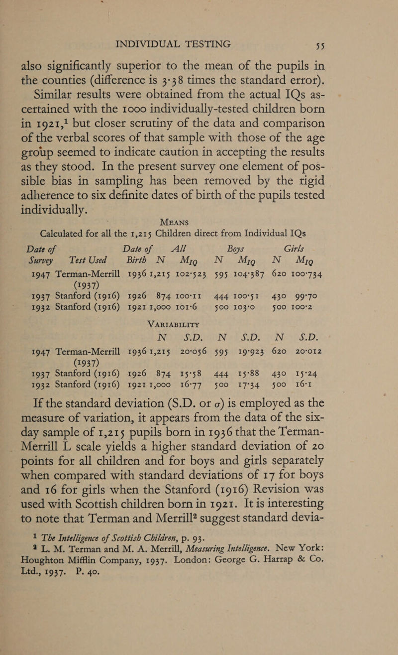 also significantly superior to the mean of the pupils in the counties (difference is 3:38 times the standard error). Similar results were obtained from the actual IQs as- cettained with the 1ooo individually-tested children born in 1921,! but closer scrutiny of the data and comparison of the verbal scores of that sample with those of the age group seemed to indicate caution in accepting the results as they stood. In the present survey one element of pos- sible bias in sampling has been removed by the rigid adherence to six definite dates of birth of the pupils tested individually. MEANS Calculated for all the 1,215 Children direct from Individual IQs Date of Dateiof:. AH Boys Girls S urvey Tes $155 ed Birth N M IQ N M IQ N M IQ 1947 Terman-Merrill 1936 1,215 102°523 595 104°387 620 100°734 (1937) 1937 Stanford (1916) 1926 874 I00°II 444 I00°5I 430 99°70 1932 Stanford (1916) 1921 1,000 101-6 = =§500 103°0 + ~=— §00_:100°2 VARIABILITY PRE OUIN PL SED MINEO S.D, 1947 Terman-Merrill 19361,215 20°056 595 19°923 620 20°012 (1937) 1937 Stanford (1916) 1926 874 15°58 444 15°88 430 15°24 1932 Stanford (1916) 1921 1,000 16:77 500 17°34 500 16-1 If the standard deviation (S.D. or c) is employed as the measute of variation, it appears from the data of the six- day sample of 1,215 pupils born in 1936 that the Terman- Merrill L scale yields a higher standard deviation of 20 points for all children and for boys and girls separately when compated with standard deviations of 17 for boys and 16 for girls when the Stanford (1916) Revision was used with Scottish children born in 1921. It is interesting to note that Terman and Merrill? suggest standard devia- 1 The Intelligence of Scottish Children, p. 93. aL. M. Terman and M. A. Merrill, Measuring Intelligence. New York: Houghton Mifflin Company, 1937. London: George G. Harrap &amp; Co, Ltd., 1937. P. 40.