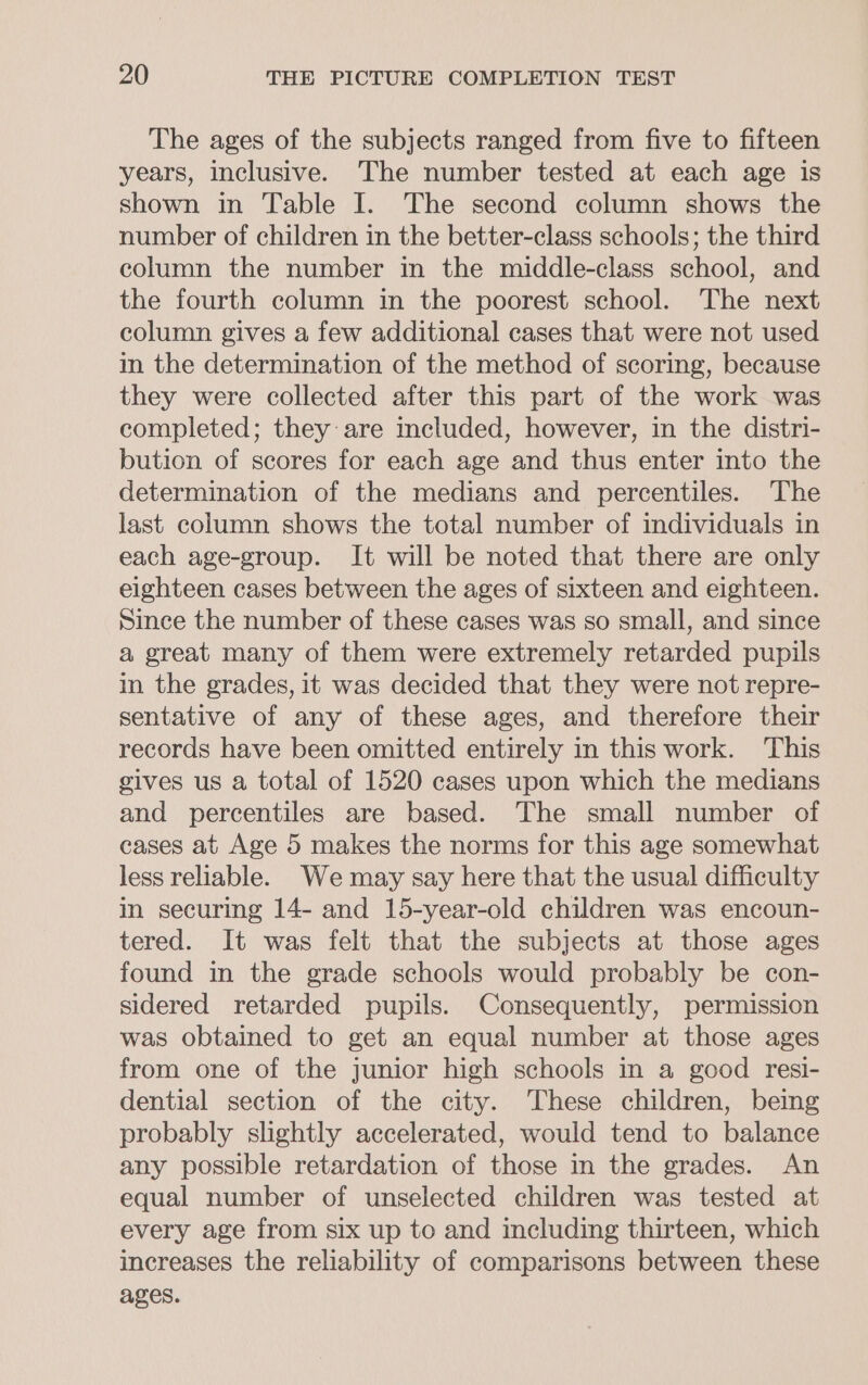 The ages of the subjects ranged from five to fifteen years, inclusive. The number tested at each age is shown in Table I. The second column shows the number of children in the better-class schools; the third column the number in the middle-class school, and the fourth column in the poorest school. The next column gives a few additional cases that were not used in the determination of the method of scoring, because they were collected after this part of the work was completed; they are included, however, in the distri- bution of scores for each age and thus enter into the determination of the medians and percentiles. The last column shows the total number of individuals in each age-group. It will be noted that there are only eighteen cases between the ages of sixteen and eighteen. Since the number of these cases was so small, and since a great many of them were extremely retarded pupils in the grades, it was decided that they were not repre- sentative of any of these ages, and therefore their records have been omitted entirely in this work. This gives us a total of 1520 cases upon which the medians and percentiles are based. The small number of cases at Age 5 makes the norms for this age somewhat less reliable. We may say here that the usual difficulty in securing 14- and 15-year-old children was encoun- tered. It was felt that the subjects at those ages found in the grade schools would probably be con- sidered retarded pupils. Consequently, permission was obtained to get an equal number at those ages from one of the junior high schools in a good resi- dential section of the city. These children, being probably slightly accelerated, would tend to balance any possible retardation of those in the grades. An equal number of unselected children was tested at every age from six up to and including thirteen, which increases the reliability of comparisons between these ages.