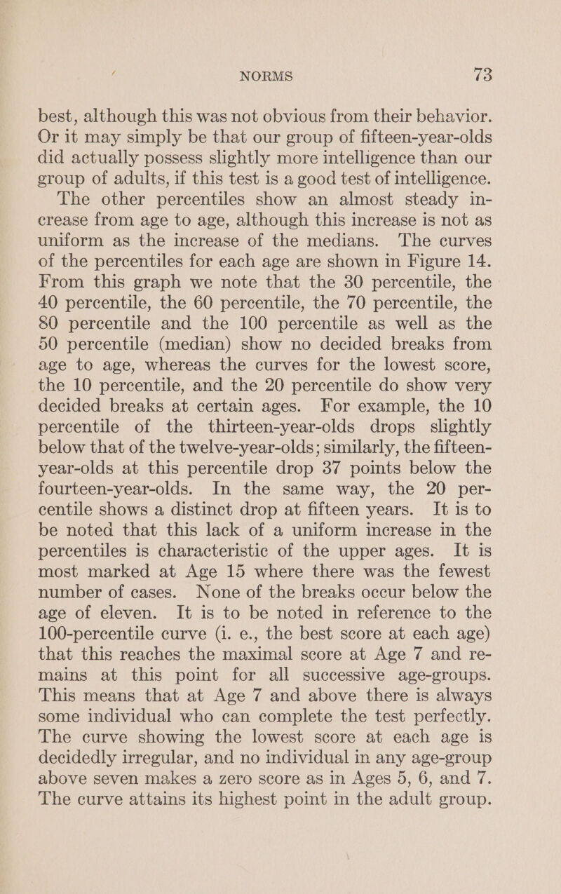 best, although this was not obvious from their behavior. Or it may simply be that our group of fifteen-year-olds did actually possess slightly more intelligence than our group of adults, if this test is a good test of intelligence. The other percentiles show an almost steady in- crease from age to age, although this increase is not as uniform as the increase of the medians. The curves of the percentiles for each age are shown in Figure 14. From this graph we note that the 30 percentile, the : 40 percentile, the 60 percentile, the 70 percentile, the 80 percentile and the 100 percentile as well as the 50 percentile (median) show no decided breaks from age to age, whereas the curves for the lowest score, the 10 percentile, and the 20 percentile do show very decided breaks at certain ages. For example, the 10 percentile of the thirteen-year-olds drops slightly below that of the twelve-year-olds; similarly, the fifteen- year-olds at this percentile drop 37 points below the fourteen-year-olds. In the same way, the 20 per- centile shows a distinct drop at fifteen years. It is to be noted that this lack of a uniform increase in the percentiles is characteristic of the upper ages. It is most marked at Age 15 where there was the fewest number of cases. None of the breaks occur below the age of eleven. It is to be noted in reference to the 100-percentile curve (i. e., the best score at each age) that this reaches the maximal score at Age 7 and re- mains at this point for all successive age-groups. This means that at Age 7 and above there is always some individual who can complete the test perfectly. The curve showing the lowest score at each age is decidedly irregular, and no individual in any age-group above seven makes a zero score as in Ages 5, 6, and 7. The curve attains its highest point in the adult group.