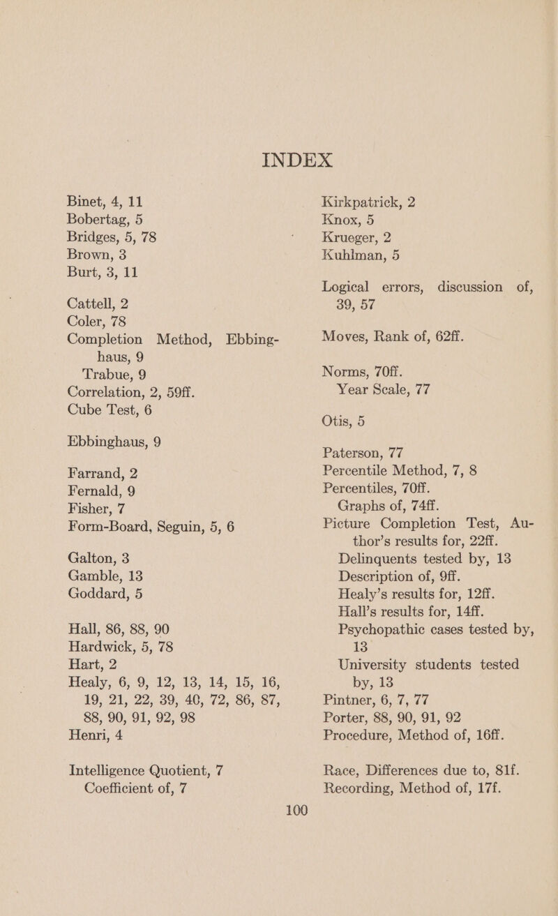 Bobertag, 5 Bridges, 5, 78 Brown, 3 Burt, 3, 11 Cattell, 2 Coler, 78 Completion Method, Ebbing- haus, 9 Trabue, 9 Correlation, 2, 59ff. Cube Test, 6 Ebbinghaus, 9 Farrand, 2 Fernald, 9 Fisher, 7 Form-Board, Seguin, 5, 6 Galton, 3 Gamble, 13 Goddard, 5 Hall, 86, 88, 90 Hardwick, 5, 78 Hart, 2 Healy, 6, 9, 12, 18, 14, 15, 16, 19, 21, 22, 39, 40, 72, 86, 87, 88, 90, 91, 92, 98 Henri, 4 Intelligence Quotient, 7 Coefficient of, 7 100 Knox, 5 Krueger, 2 Kuhlman, 5 Logical errors, 39, 57 discussion of, Moves, Rank of, 62ff. Norms, 7Off. Year Scale, 77 Otis, 5 Paterson, 77 Percentile Method, 7, 8 Percentiles, 7Off. Graphs of, 74ff. Picture Completion Test, Au- thor’s results for, 22ff. Delinquents tested by, 13 Description of, 9ff. Healy’s results for, 12ff. Hall’s results for, 14ff. Psychopathic cases tested by, 13 University students tested by, 13 Pintner, 6, 7, 77 Porter, 88, 90, 91, 92 Procedure, Method of, 16ff. Race, Differences due to, 81f. Recording, Method of, 17f.