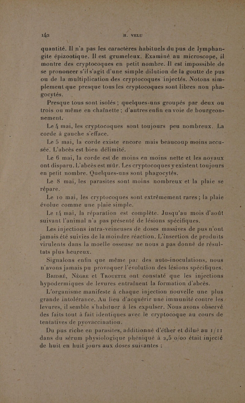 NN 142 H. VELU gite épizootique. Il est grumeleux. Examiné au microscope, il se prononcer s’il s’agit d’une simple dilution de la goutte de pus ou de la multiplication des cryptocoques injectés. Notons sim- plement que presque tous les cryptocoques sont libres non pha- Presque tous sont isolés ; quelques-uns groupés par deux ou trois ou même en chaînette ; d’autres enfin en voie de bourgeon- nement. corde à gauche s'efface. Le 5 mai, la corde existe encore mais beâucoup moins accu- sée. L’abcès est bien délimité. Le 6 mai, la corde est de moins en moins nette et les noyaux en petit nombre. Quelques-uns sont phagocytés. Le 8 mai, les parasites sont moins nombreux et la plaie se répare. Le 10 mai, les cryptocoques sont extrêmement rares ; la plaie évolue comme une plaie simple. Le 14 mai, la réparation est complète. Jusqu’au mois d'août suivant l’ on n'a pas présenté de lésions spécifiques. Les injections intra-veineuses de doses massives de pus n ‘ont jamais été suivies de la moindre réaction. L'insertion de produits virulents dans la moelle osseuse ne nous a pas donné de résul- tats plus heureux. Signalons enfin que même par des auto-inoculations, nous n'avons jamais pu provoquer l’évolution des lésions spécifiques. Brinré, NèGRe et TROUETTE oùt Constaté que les injections dite de levures entraînent la formation d’abcès. L'organisme manifeste à chaque injection nouvelle une plus grande intolérance. Au lieu d'acquérir uné immunité contre les levures, il semble s'habituer à les expulser. Nous avons observé des faits tout à fait identiques avec le cryptocoque au cours de tentatives de pyovaccination. | Da pus riche en parasites, additionné d’éther et dilué au Lift dans du sérum physiologique phéniqué à 2,5 0/00 étail Injeclé de huit en huit jours aux doses suivantes : …