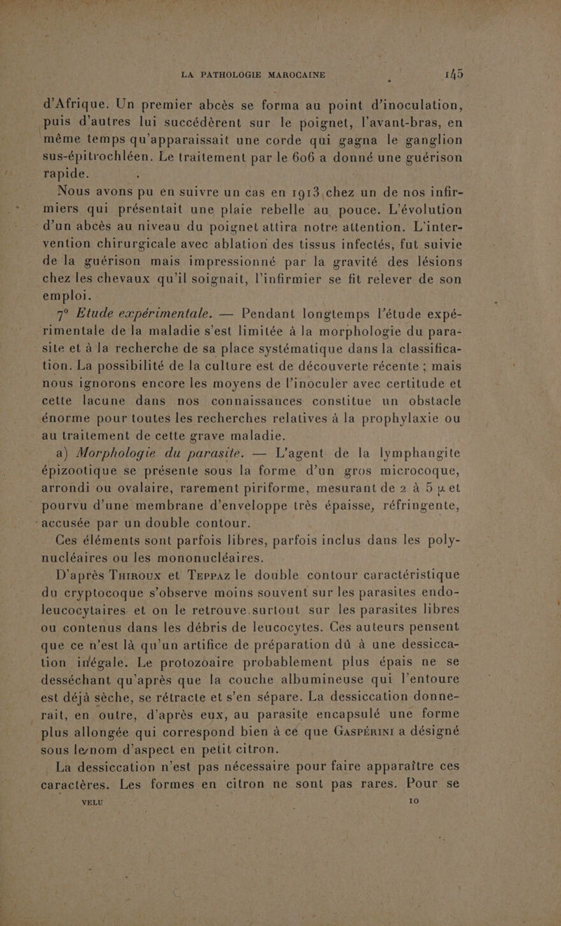 L1 d'Afrique. Un premier abcès se forma au point d’inoculation, puis d’autres lui succédèrent sur le poignet, l'avant-bras, en même temps qu'apparaissait une corde qui gagna le ganglion sus-épitrochléen. Le traitement par le 606 a donné une guérison rapide. | Nous avons pu en suivre un cas en 1913,chez un de nos infir- miers qui présentait une plaie rebelle au pouce. L'évolution d’un abcès au niveau du poignet attira notre attention. L'inter- vention chirurgicale avec ablation des tissus infectés, fut suivie de la guérison mais impressionné par la gravité des lésions chez les chevaux qu'il soignait, l’infirmier se fit relever de son emploi. 7° Etude pente — Pendant longtemps l étude expé- rimentale de la maladie s’est limitée à la morphologie du para: site et à la recherche de sa place systématique dans la classifica- tion. La possibilité de la culture est de découverte récente ; mais nous ignorons encore les moyens de l’inoculer avec certitude et cette lacune dans nos connaissances constitue un obstacle énorme pour toutes les recherches relatives à la prophylaxie ou au traitement de cette grave maladie. à) Morphologie du parasite. — L'agent de la lymphangite épizootique se présente sous la forme d’un gros microcoque, arrondi ou ovalaire, rarement piriforme, mesurant de 2 à 5 met pourvu d'une membrane d’enveloppe très épaisse, réfringente, Ces éléments sont parfois libres, parfois inclus dans les poly- nucléaires ou les mononucléaires. D'après Tarroux et Terpaz le double contour caractéristique du cryptocoque s’observe moins souvent sur les parasites endo- leucocytaires et on le retrouve.surtout sur les parasites libres ou contenus dans les débris de leucocytes. Ces auteurs pensent que ce n’est là qu’un artifice de préparation dû à une dessicca- tion inégale. Le protozoaire probablement plus épais ne se desséchant qu'après que la couche albumineuse qui l'entoure est déjà sèche, se rétracte et s’en sépare. La dessiccation donne- rait, en outre, d’après eux, au parasite encapsulé une forme plus allongée qui correspond bien à cé que Gaspérinr a désigné sous le/-nom d'aspect en petit citron. | La dessiccation n’est pas nécessaire pour faire apparaître ces caractères. Les formes en citron ne sont pas rares. Pour se VELU ar 10