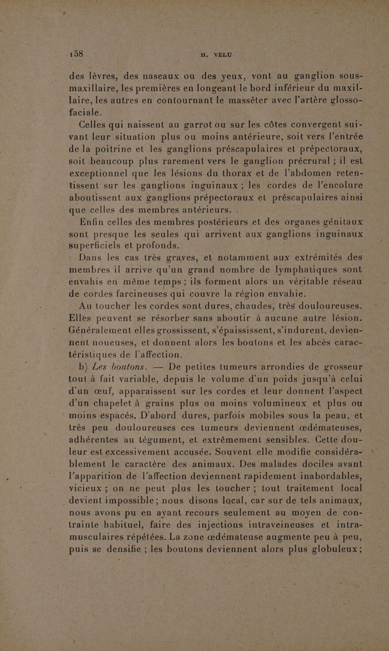 des lèvres, des naseaux ou des yeux, vont au ganglion sous- maxillaire, les premières en longeant le bord inférieur du maxil- laire, les autres en contournant le masséter avec l’artère glosso- faciale. ra Celles qui naissent au garrot ou sur les côtes convergent sul- vant leur situation plus ou moins antérieure, soit vers l’entrée de la poitrine et les ganglions préscapulaires et prépectoraux, soit beaucoup plus rarement vers le ganglion précrural ; il est exceptionnel que les lésions du thorax et de l'abdomen reten- tissent sur les ganglions inguinaux ; les cordes de l’encolure aboutissent aux ganglions prépectoraux et Prés A pu Res ainsi que celles des membres antérieurs. Enfin celles des membres postérieurs et des organes génitaux sont presque les seules qui arrivent aux ganglions INgUINAUX. superficiels et profonds. Dans les cas très graves, et notamment aux extrémités des membres il arrive qu'un grand nombre de Ilymphatiques sont envahis en même temps; ils forment alors un véritable réseau de cordes farcineuses qui couvre la région envahie. Au toucher les cordes sont dures, chaudes, très douloureuses. Elles peuvent se résorber sans aboutir à aucune autre lésion. Généralement elles grossissent, s’épaississent, s’indurent, devien- nent noueuses, et donnent alors les boutons et les abcès carac- téristiques de l affection. _b) Les boutons. — De petites tumeurs arrondies de grosseur tout à fait variable, depuis le volume d’un poids jusqu à celui d'un œuf, apparaissent sur les cordes et leur donnent l'aspect d'un chapelet à grains plus ou moins volumineux et plus ou * moins espacés. D'abord dures, parfois mobiles sous la peau, et très peu douloureuses ces tumeurs deviennent œdémateuses, adhérentes au tégument, et extrêmement sensibles. Cette dou- leur est excessivement accusée. Souvent elle modifie considéra- blement le caractère des animaux. Des malades dociles avant F apparition de l’affection deviennent rapidement inabordables, vicieux ; on ne peut plus les toucher; tout traitement local devient ROIS nous disons local, car sur de tels animaux, nous avons pu en ayant recours seulement au moyen de con- trainte habituel, faire des injections intraveineuses et intra- musculaires répétées. La zone œdémateuse augmente peu à peu, puis se densifie ; les boutons deviennent alors plus globuleux;