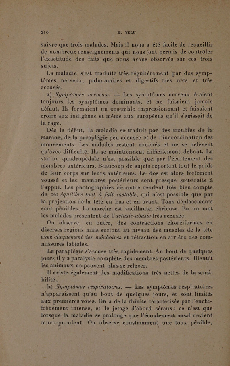 &gt; 2. suivre que trois malades. Mais il nous a été facile de recueillir de nombreux renseignements qui nous ‘ont permis de contrôler l'exactitude des faits que nous avons observés sur ces trois sujets. La maladie s’est traduite très. D pou par des symp- tômes nerveux, pulmonaires et digestifs très nets et très accusés. | | | a) Symptômes nerveux. — Les symptômes nerveux étaient toujours les symptômes dominants, et ne faisaient jamais défaut. Ils formaient un ensemble impressionnant et faisaient croire aux indigènes et même aux européens qu'il s'agissait de la rage. Dès le début, la maladïe se traduit par des troubles de la marche, de: la cs LE peu accusée et de l’incoordination des mouvements. Les malades restent couchés et ne se relèvent qu'avec difficulté. Ils.se maintiennent difficilement debout. La station quadrupédale n’est possible que par l’écartement des membres antérieurs. Beaucoup de sujets reportent tout le poids de leur corps sur leurs antérieurs. Le: dos est alors fortement voussé et les membres postérieurs sont presque soustraits à l'appui. Les photographies ci-contre rendent très bien compte de cet équilibre tout à fait instable, qui n’est possible que par la projection de la tête en bas et en avant. Tous déplacements sont pénibles. La marche est vacillante, ébrieuse. En un mot les malades présentent de l’astasie-abasie très accusée. On observe, en outre, des eontractions choréiformes en diverses régions mais surtout au niveau des muscles de la tête avec claquement des mâchoires et rétraction en arrière des com- missures labiales. Ea paraplégie s’accuse très rapidement. Au bout de quelques jours il y a paralysie complète des membres. postérieurs. Bientôt les animaux ne peuvent plus se relever. Il existe également des modifications, très nettes de: la sensi- bilité.. b) Sympiômes respiratoires. — Les symptômes respiratoires n'apparaissent qu’au bout de quelques jours, et sont limités aux premières voies. On à de la rhinite caractérisée par l’enchi- frènement intense, et le jetage d’abord séreux; ce n’est que lorsque la maladie se prolonge que: l'écoulement nasal devient muco-purulent. On observe constamment une toux pénible, mn LE 'u