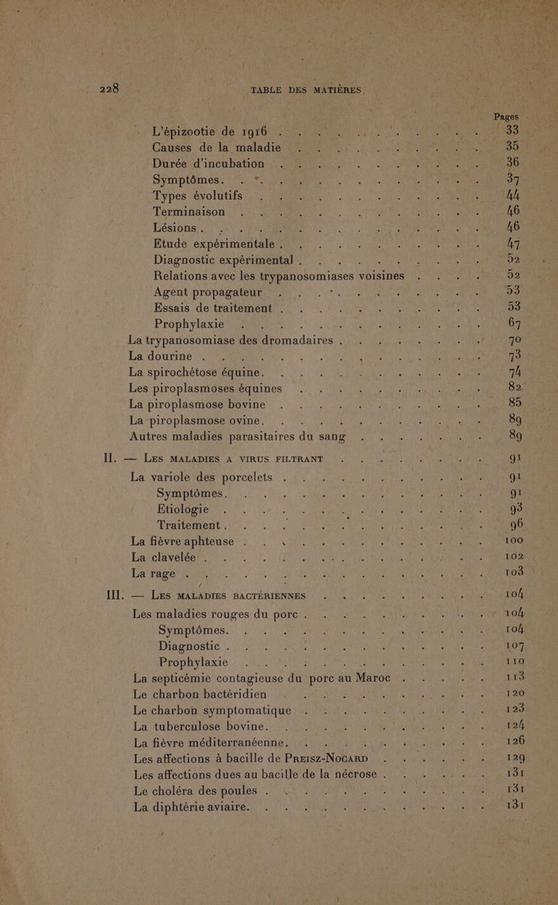 11 LIT. L’épizootie de 1916 Causes de la maladie Durée d’incubation Symptômes. . ”. Types évolutifs Terminaison Lésions . , Etude Ébér nen LATE Diagnostic expérimental . Relations avec les IDInosominses voisines Agent propagateur Essais de traitement . Prophylaxie La trypanosomiase des Di datres La dourine La spirochétose équine. Les piroplasmoses équines La piroplasmose bovine La piroplasmose ovine. NL Autres maladies parasitaires du sang — LES MALADIES A VIRUS FILTRANT La variole des porcelets Symptômes. Etiologie Traitement. L La fièvre aphteuse . . : La clavelée . La rage — LES MALADIES BACTÉRIENNES Les maladies rouges du porc . Symptômes. Diagnostic . Prophylaxie ë L La septicémie contagieuse a porc au NtutAS Le charbon bactéridien Le charbon symptomatique La tuberculose bovine. La fièvre méditerranéenne. | Les affections à bacille de Pass NE Les affections dues au bacille de la nécrose . Le choléra des poules . La diphtérie aviaire. , 100 102 103 104 107 110 119 120 129 12/4 120 129 191 191 131