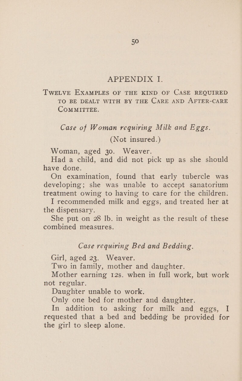 APPENDIX 1. TWELVE EXAMPLES OF THE KIND OF CASE REQUIRED TO BE DEALT WITH BY THE CARE AND AFTER-CARE COMMITTEE. Case of Woman requiring Milk and Eggs. (Not insured.) Woman, aged 30. Weaver. Had a child, and did not pick up as she should have done. On examination, found that early tubercle was developing; she was unable to accept sanatorium treatment owing to having to care for the children. I recommended milk and eggs, and treated her at the dispensary. She put on 28 lb. in weight as the result of these combined measures. Case requiring Bed and Bedding. Girl, aged 23. Weaver. Two in family, mother and daughter. Mother earning 12s. when in full work, but work not regular. Daughter unable to work. Only one bed for mother and daughter. In addition to asking for milk and eggs, I requested that a bed and bedding be provided for the girl to sleep alone.