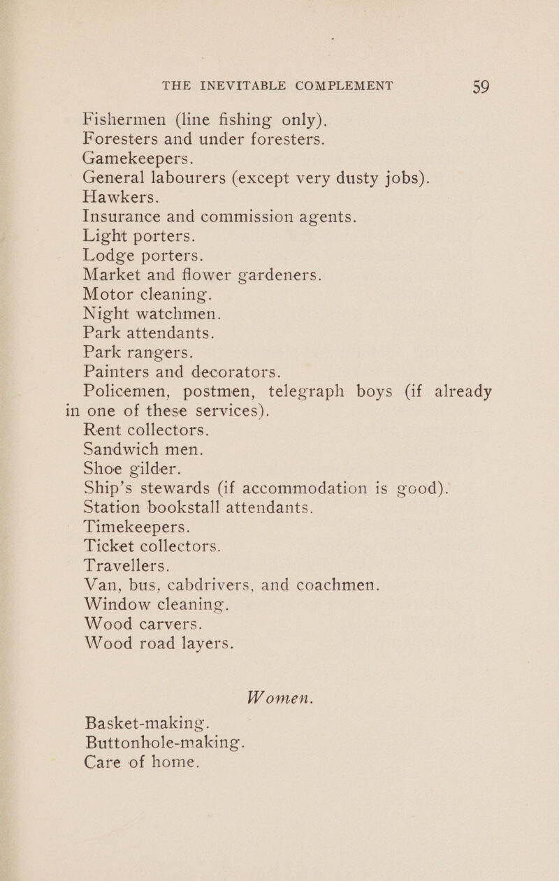 Fishermen (line fishing only). Foresters and under foresters. Gamekeepers. General labourers (except very dusty jobs). Hawkers. Insurance and commission agents. Light porters. Lodge porters. Market and flower gardeners. Motor cleaning. Night watchmen. Park attendants. Park rangers. Painters and decorators. Policemen, postmen, telegraph boys (if already in one of these services). Rent collectors. Sandwich men. Shoe gilder. Ship’s stewards (if accommodation is good). Station bookstall attendants. Timekeepers. Ticket collectors. Travellers. Van, bus, cabdrivers, and coachmen. Window cleaning. Wood carvers. Wood road layers. Women. Basket-making. Buttonhole-making. Care of home.