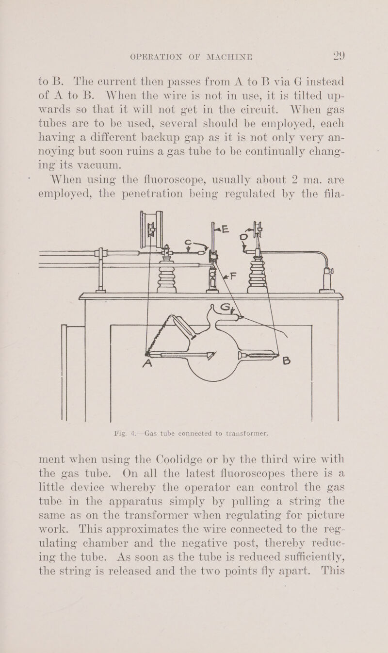 OPERATION OF MACHINE 2Y9 to B. The current then passes from A to B via G instead of A to B. When the wire is not in use, it is tilted up- wards so that it will not get in the circuit. When gas tubes are to be used, several should be employed, each having a different backup gap as it is not only very an- noying but soon ruins a gas tube to be continually chang- ing its vacuum. When using the fluoroscope, usually about 2 ma. are employed, the penetration being regulated by the fila- dl ment when using the Coolidge or by the third wire with the gas tube. On all the latest fluoroscopes there is a little device whereby the operator can control the gas tube. in the apparatus simply by pulling a string the same as on the transformer when regulating for picture work. This approximates the wire connected to the reg- ulating chamber and the negative post, thereby reduc- ing the tube. As soon as the tube is reduced sufficiently, the string is released and the two points fly apart. This