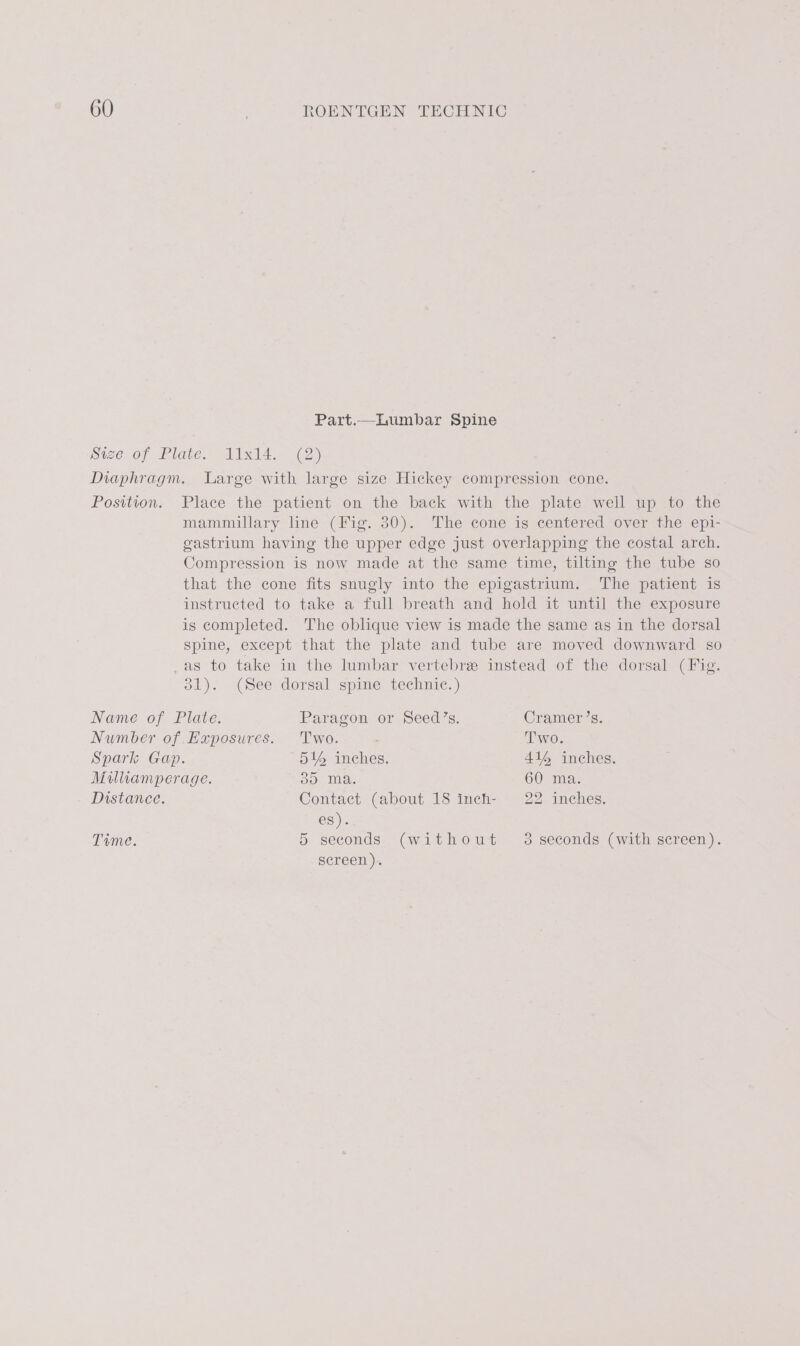 Part.—Lumbar Spine Position. Place the patient on the back with the plate well up to the mammillary line (Fig. 30). The cone is centered over the epi- gastrium having the upper edge just overlapping the costal arch. Compression is now made at the same time, tilting the tube so that the cone fits snugly into the epigastrium. The patient is instructed to take a full breath and hold it until the exposure is completed. The oblique view is made the same as in the dorsal Spine, except that the plate and tube are moved downward so _as to take in the lumbar vertebre instead of the dorsal (Fig. 31). (See dorsal spine technic.) Name of Plate. Paragon or Seed’s. Cramer’s. Number of Exposures. Two. : Two. Spark Gap. 514 inches. 41% inches. Milliamperage. On Iles 60 ma. Distance. Contact (about 18 inch- 22 inches. ES): Time. 5 seconds (without 3 seconds (with screen). screen).