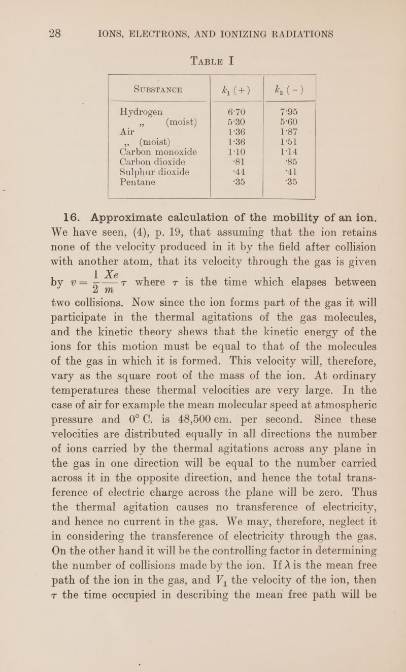 TABLE [I SUBSTANCE ky (+) ky (-) Hydrogen 6°70 7°95 5 (moist) 5°30 5°60 Air 1°36 1°67 » (moist) 1°36 151 Carbon monoxide 1-10 1:14 Carbon dioxide 81 85 Sulphur dioxide “44 ‘41 Pentane ‘3 3 16. Approximate calculation of the mobility of an ion. We have seen, (4), p. 19, that assuming that the ion retains none of the velocity produced in it by the field after collision with another atom, that its velocity through the gas is given by v= oo where 7 is the time which elapses between two collisions. Now since the ion forms part of the gas it will participate in the thermal agitations of the gas molecules, and the kinetic theory shews that the kinetic energy of the ions for this motion must be equal to that of the molecules of the gas in which it is formed. This velocity will, therefore, vary as the square root of the mass of the ion. At ordinary temperatures these thermal velocities are very large. In the case of air for example the mean molecular speed at atmospheric pressure and 0°C. is 48,500cm. per second. Since these velocities are distributed equally in all directions the number of ions carried by the thermal agitations across any plane in the gas in one direction will be equal to the number carried across it in the opposite direction, and hence the total trans- ference of electric charge across the plane will be zero. Thus the thermal agitation causes no transference of electricity, and hence no current in the gas. We may, therefore, neglect it in considering the transference of electricity through the gas. On the other hand it will be the controlling factor in determining the number of collisions made by the ion. If Ais the mean free path of the ion in the gas, and V, the velocity of the ion, then 7 the time occupied in describing the mean free path will be