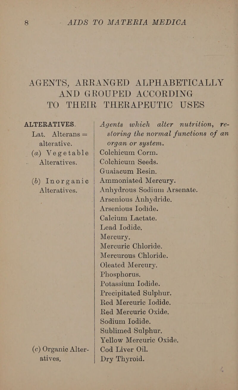 AGENTS, ARRANGED ALPHABETICALLY AND GROUPED ACCORDING TO THEIR THERAPEUTIC USES ALTERATIVES. Agents which alter nutrition, re- Lat. Alterans = storing the normal functions of an alterative. organ or systenr. (a) Vegetable | Colchicum Corm. Alteratives. Colchicum Seeds. Guaiacum Resin. . (6) Inorganic | Ammoniated Mercury. Alteratives. Anhydrous Sodium Arsenate. Arsenious Anhydride. Arsenious Iodide. Calcium Lactate. Lead Iodide. Mercury. Mercurie Chloride. Mercurous Chloride. Oleated Mercury. Phosphorus. Potassium Iodide. Precipitated Sulphur. Red Mercuric Iodide. Red Mercuric Oxide. Sodium Iodide. Sublimed Sulphur. Yellow Mercuric Oxide. (c) Organic Alter- | Cod Liver Oil. atives, Dry Thyroid. 