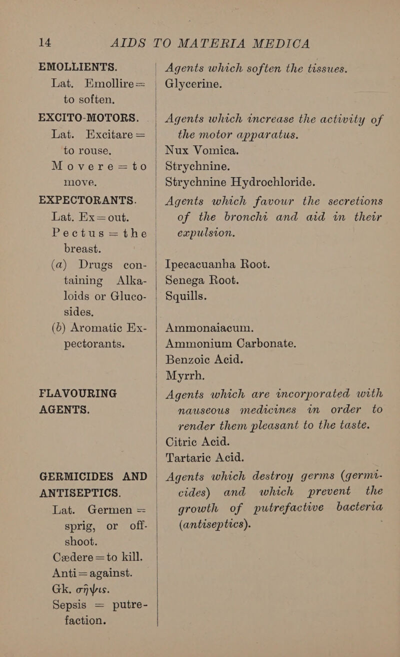 EMOLLIENTS. Lat. Emollire= to soften. EXCITO-MOTORS. Lat. Excitare = to rouse, Maver 6:= to move. EXPECTORANTS. Lat. Ex= out.  breast. taining Alka- loids or Gluco- sides, (6) Aromatic Ex- pectorants. FLAVOURING AGENTS. GERMICIDES AND ANTISEPTICS. Lat. Germen = sprig, or off- shoot. Caedere=to kill. Anti= against. Gk. ones. Sepsis faction. putre-  the motor apparatus. Strychnine. Strychnine Hydrochloride. Agents which favour the secretions of the bronchi and aid wm thetwr expulsion. Ipecacuanha Root. Senega Root. Squills. Ammonaiacum. Ammonium Carbonate. Benzoic Acid. Myrrh. nauseous medicines wm order to render them pleasant to the taste. Tartaric Acid. Agents which destroy germs (germt- cides) and which prevent the growth of putrefactive bacteria (antisep tics).