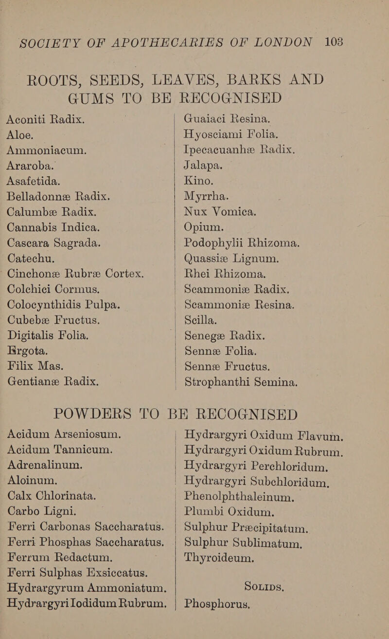 Aconiti Radix. Aloe. Ammoniacum. Araroba. Asafetida. Belladonne Radix. Calumbe Radix. Cannabis Indica. Cascara Sagrada. Catechu. ~ Cinchonze Rubrz Cortex. Colchici Cormus. Colocynthidis Pulpa. Cubebex Fructus. Digitalis Folia. Ergota. Filix Mas. Gentianez Radix.  Guaiaci Resina. Hyosciami Iolia. Ipecacuanhe Radix. Jalapa. Kino. Myrrha. Nux Vomica. Opium. Podophylii Rhizoma. Quassiz Lignum. Rhei Rhizoma. Scammonize Radix. Scammoniz Resina. Scilla. Senne Fructus. Strophanthi Semina. Acidum Arseniosum. Acidum Tannicum. Adrenalinum. Aloinum. Calx Chlorinata. Carbo Ligni. Ferrum Redactum. Ferri Sulphas Exsiccatus. |  Hydrargyri Oxidum Rubrum. Hydrargyri Perchloridum. Phenolphthaleinum. Plumbi Oxidum. Sulphur Precipitatum. Sulphur Sublimatum, Thyroideum. SOLIDs, Phosphorus,