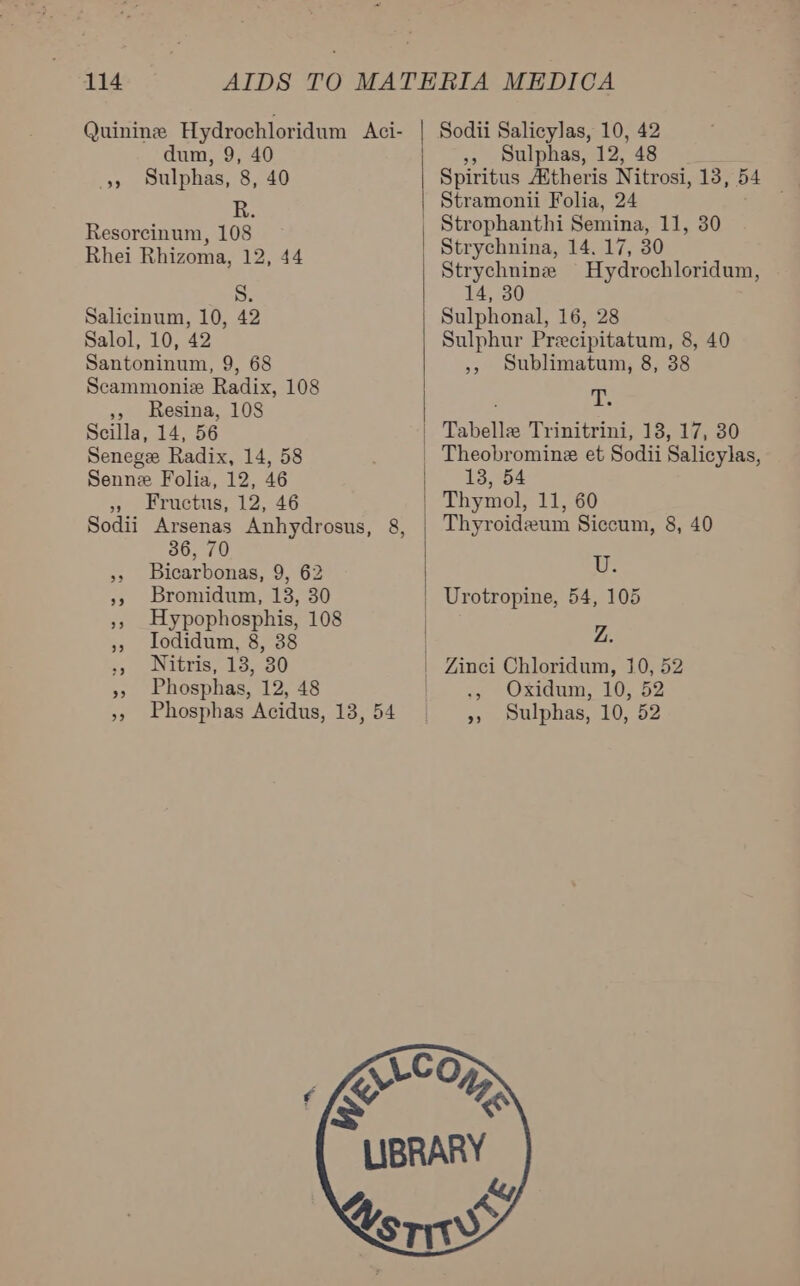 dum, 9, 40 5, Sulphas, 8, 40 R. Resorcinum, 108 Rhei Rhizoma, 12, 44 S. Salicinum, 10, 42 Salol, 10, 42 Santoninum, 9, 68 Scammonie Radix, 108 », Resina, 108 Scilla, 14, 56 Senege Radix, 14, 58 Senne Folia, 12, 46 » Fructus, 12, 46 Sodii Arsenas Anhydrosus, 8, 36, 70 ,, Bicarbonas, 9, 62 », Bromidum, 13, 30 ,, Hypophosphis, 108 5, lodidum, 8, 38 », Nitris, 13, 30 . Phosphas, 12, 48 », Phosphas Acidus, 13, 54  Sodii Salicylas, 10, 42 », Sulphas, 12, 48 Stramonii Folia, 24 Strychnina, 14. 17, 30 Strychnine Hydrochloridum, 14, 30 Sulphonal, 16, 28 Sulphur Precipitatum, 8, 40 », Sublimatum, 8, 38 a Tabelle Trinitrini, 13, 17, 30 Theobromine et Sodii Salicylas, 13, 54 Thymol, 11, 60 Thyroideum Siccum, 8, 40 U. Urotropine, 54, 105 Z. 3, Oxidum, 10, 52 », Sulphas, 10, 52 