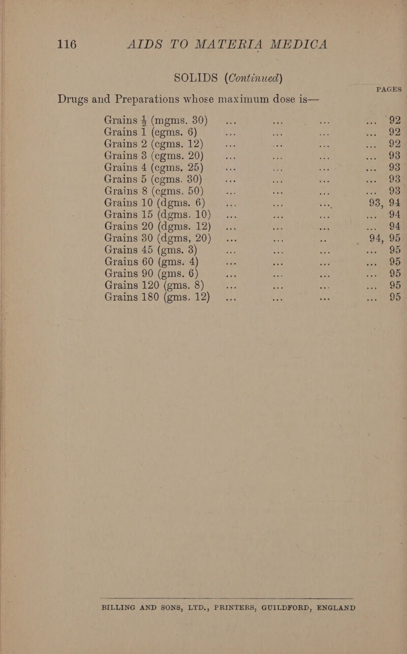 SOLIDS (Continued) Drugs and Preparations whose maximum dose is— Grains 4 (mgms. 30) Grains 1 (egms. 6 Grains 2 (cgms. 12) Grains 8 (cgms. 20) Grains 4 (cgms. 25) Grains 5 (cgms. 30) Grains 8 (cgms. 50) Grains 10 (dgms. 6) Grains 15 (dgms. 10) Grains 20 (dgms. 12) Grains 30 (dgms, 20) Grains 45 (gms. 3) Grains 60 (gms. 4) Grains 90 (gms. 6) Grains 120 (gms. 8) Grains 180 (gms. 12) BILLING AND SONS, LTD,., PRINTERS, GUILDFORD, ENGLAND 