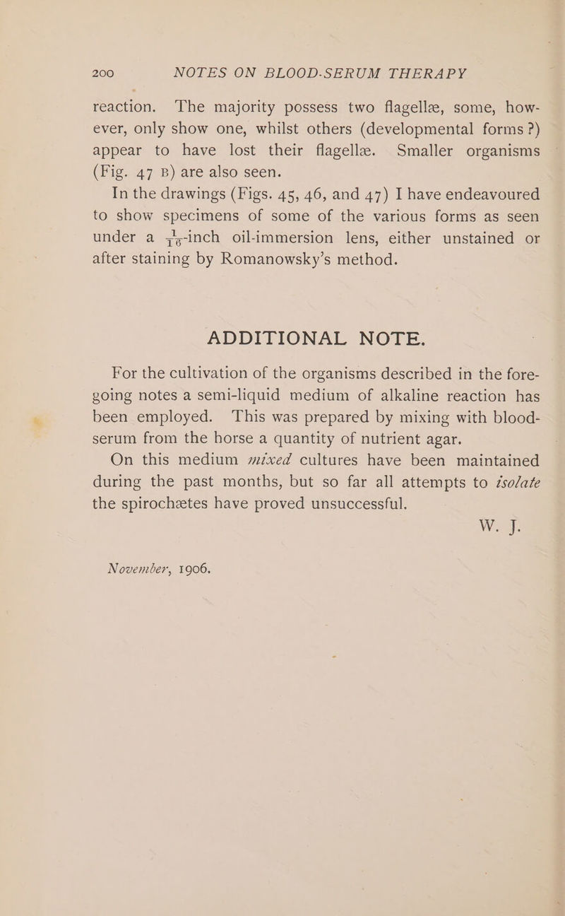 reaction. ‘The majority possess two flagellze, some, how- ever, only show one, whilst others (developmental forms ?) appear to have lost their flagella. Smaller organisms (Fig. 47 B) are also seen. In the drawings (Figs. 45, 46, and 47) I have endeavoured to show specimens of some of the various forms as seen under a ;';-inch oil-immersion lens, either unstained or after staining by Romanowsky’s method. ADDITIONAL NOTE. For the cultivation of the organisms described in the fore- going notes a semi-liquid medium of alkaline reaction has been employed. ‘This was prepared by mixing with blood- serum from the horse a quantity of nutrient agar. On this medium mzxed cultures have been maintained during the past months, but so far all attempts to zso/ate the spirochetes have proved unsuccessful. Wea: November, 1906.