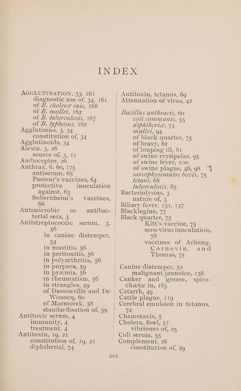 AGGLUTINATION, 33, 161 diagnostic use of, 34, 161 of B. cholere suits, 168 of B. mallet, 162 of B. tuberculosis, 167 of B. typhosus, 162 Agglutinins, 3, 34 constitution of, 34 Agglutinoids, 34 mlexda, 35 26 SOMTCE Of, 32. TT Amboceptor, 26 Anthrax, 6, 60,.175 antiserum, 65 Pasteur’s vaccines, 64 protective inoculation against, 63 Sobernheim’s vaccines, Antimicrobic or antibac- terial sera, 3 Antistreptococcic serum, 3, 56 in mastitis, 56 in peritonitis, 56 in polyarthritis, 56 in purpura, 59 in pyeemia, 56 in rheumatism, 56 in strangles, 59 of Dassonville and De Wissocq, 60 of Marmorek, 58 standardisation of, 59 Antitoxic serum, 4 immunity, 4 treatment, 4 ANCTOXin, 19, 27 constitution of, Ig, 21 diphtherial, 74 Antitoxin, tetanus, 69 Attenuation of virus, 42 Bacillus anthracis, 60 colt communis, 55 diphtheria, 74 mallet, 94 of black quarter, 75 of braxy, 82 of louping il], 81 of swine erysipelas, 95 of swine fever, 100 of swine plague, 48, 98 4 sarcophysematos bovis, 75 tetant, 68 tuberculosis, 85 nature or, 3 Biliary tever, 131,137 Blacklegine, 77 Black quarter, 75 Kitt’s vaccine, 75 sero-virus inoculation, 78 vaccines of Arloing, Comnevin, ang Thomas, 75 Canine distemper, 52 malignant jaundice, 138 Canker and grease, spiro- cheetee in, 183 Catarrh, 49 Cattle plague, I19 Cerebral emulsion in tetanus, 72 Chemotaxis,5 Cholera, fowl, 51 vibriones of, 25 Coli serum, 55 Complement, 26 constitution of, 29
