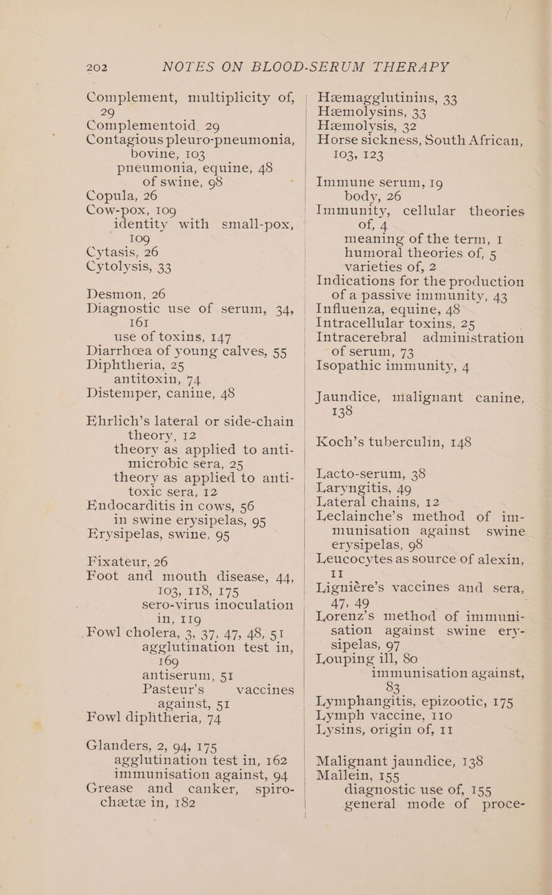 Complement, multiplicity of, 29 Complementoid, 29 Contagious pleuro-pneumonia, | bovine, 103 pneumonia, equine, 48 of swine, 98 Copula, 26 Cow-pox, 109 identity with small-pox, | ~ 109 Cytasis, 26 Cytolysis, 33 Heemageglutinins, 33 Heemolysins, 33 Heemolysis, 32 Horse sickness, South African, EO3; 12 Immune serum, Ig body, 26 cellular theories of, 4 meaning of the term, I humoral theories of, 5 varieties of, 2 Desmon, 26 Diagnostic use of serum, 34, 161 use of toxins, 147 Diarrhoea of young calves, 55 Diphtheria, 25 antitoxin, 74 - Distemper, canine, 48 Ehrlich’s lateral or side-chain theory, 12 theory as applied to anti- microbic sera, 25 theory as applied to anti- | tose serat 12 Endocarditis in cows, 56 in swine erysipelas, 95 Erysipelas, swine, 95 Fixateur, 26 | Foot and mouth disease, 44, 103, 118, 175 | sero-virus inoculation | in, 11g Pow! cholera, 2, 37,47, 45,51 agglutination test in, 169 antiserum, 51 Pasteur’s against, 51 Fowl diphtheria, 74 vaccines Glanders, 2, 94, 175 agglutination test in, 162 immunisation against, 94 Grease and canker, spiro- cheetee in, 182 of a passive immunity, 43 Influenza, equine, 48 Intracellular toxins, 25 administration “Of Seri, 73 Jaundice, malignant canine, 138 Koch’s tuberculin, 148 Lacto-serum, 38 Laryngitis, 49 Lateral chains, 12 Leclainche’s method of im- munisation against swine erysipelas, 98 Leucocytes as source of alexin, Lt Ligniére’s vaccines and sera, 47, 49 Lorenz’s method of immuni- sation against swine ery- sipelas, 97 Louping ill, 80 immunisation against, 53 Lymphangitis, epizootic, 175 Malignant jaundice, 138 Mailein, 155 diagnostic use of, 155 general mode of proce-