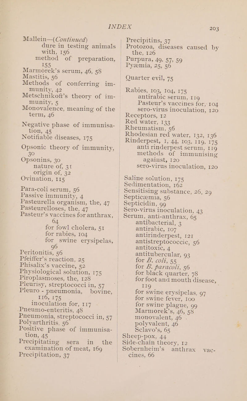 Mallein—( Continued) dure in testing animals with, 156 method of preparation, SS) Marmorek’s serum, 46, 58 Mastitis, 56 Methods of conferring im- munity, 42 Metschnikofi’s theory of im- munity, 5 Monovalence, meaning of the term, 46 Negative phase of immunisa- tion, 45 Notifiable diseases, 175 Opsonic theory of immunity, 30 Opsonins, 30 nature of, 3 origin of, 32 Ovination, 115 Para-coli serum, 56 Passive immunity, 4 Pasteurella organism, the, 47 Pasteurelloses, the, 47 Pasteur’s vaccines for anthrax, 4 for fowl cholera, 51 for rabies, 104 for swine erysipelas, 6 9 Peritonitis, 56 Pfeiffer’s reaction, 25 Phisalix’s vaccine, 52 Physiological solution, 175 Piroplasmoses, the, 128 Pleurisy, streptococci in, 57 Pleuro - pneumonia, bovine, Hailed als inoculation for, 117 Pneumo-enteritis, 48 Pneumonia, streptococci in, 57 Polyarthritis, 56 Positive phase of immunisa- tion, 45 Precipitating sera in examination of meat, 169 Precipitation, 37 the 203 Precipitins.37 Protozoa, diseases caused by the, 126 Purpura, 49, 57, 59 Quarter evil, 75 Rabies, 103, 104, 175 antirabic serum, 119 Pasteur’s vaccines for, 104 sero-virus inoculation, 120 Receptors, 12 Red water, 133 Rhodesian red water, 132, 136 Rinderpest, 1-44, 103, 119, 175 anti rinderpest serum, 119 methods of immunising agaist, 120 sero-virus inoculation, 120 Saline solution, 175 Sensitising substance, 26, 29 Septicaemia, 56 Septicidin, 99 Sero-virus inoculation, 43 Serum, anti-anthrax, 65 antibacterial, 3 antirabic, 107 antirinderpest, 121 antistreptococcic, 56 antitoxic, 4 antitubercular, 93 LOEB. coll, 55 for B. paracolt, 56 for black quarter, 78 for foot and mouth disease, 119 for swine erysipelas, 97 for swine fever, 100 for swine plague, 99 Marmorek’s, 46, 58 monovalent, 46 . polyvalent, 46 Sclavo’s, 65 Sheep-pox, 44 Side-chain theory, 12 Sobernheim’s anthrax cines, 66 Vac-