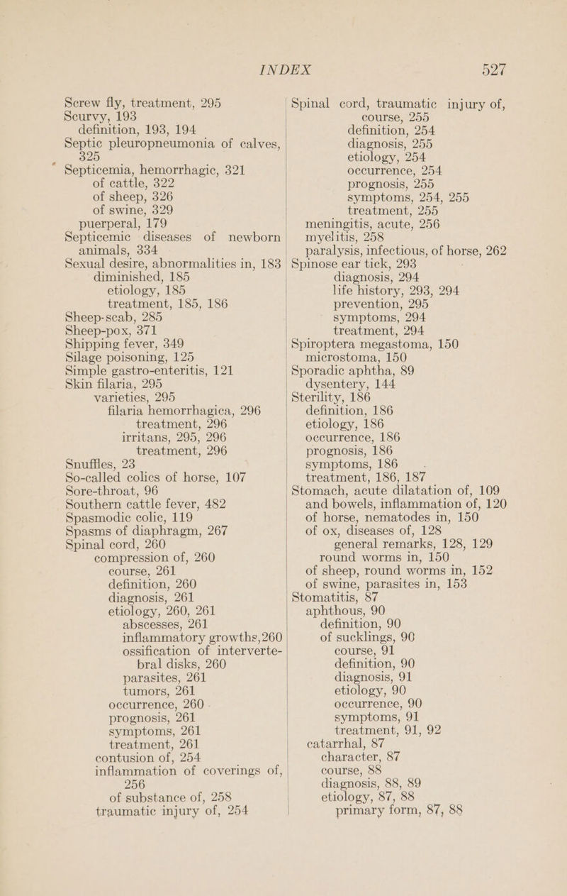 Scurvy, 193 definition, 198, 194 Septic pleuropneumonia of calves, 325 Septicemia, hemorrhagic, 321 of cattle, 322 of sheep, 326 of swine, 329 puerperal, 179 Septicemic diseases of newborn animals, 334 Sexual desire, abnormalities in, 183 diminished, 185 etiology, 185 treatment, 185, 186 Sheep-scab, 285 Sheep-pox, 371 Shipping fever, 349 Silage poisoning, 125 Simple gastro-enteritis, 121 Skin filaria, 295 varieties, 295 filaria hemorrhagica, 296 treatment, 296 irritans, 295, 296 treatment, 296 Snuffles, 23 So-called colics of horse, 107 Sore-throat, 96 Southern cattle fever, 482 Spasmodie colic, 119 Spasms of diaphragm, 267 Spinal cord, 260 compression of, 260 course, 261 definition, 260 diagnosis, 261 etiology, 260, 261 abscesses, 261 inflammatory growths, 260 ossification of interverte- bral disks, 260 parasites, 261 tumors, 261 occurrence, 260 - prognosis, 261 symptoms, 261 treatment, 261 contusion of, 254 | inflammation of coverings of, 256 of substance of, 258 6 yk course, 255 definition, 254 diagnosis, 255 etiology, 254 occurrence, 254 prognosis, 255 symptoms, 254, 255 treatment, 255 meningitis, acute, 256 myelitis, 258 paralysis, infectious, of horse, 262 Spinose ear tick, 293 diagnosis, 294 life history, 2938, 294 prevention, 295 symptoms, 294 treatment, 294 microstoma, 150 Sporadic aphtha, 89 dysentery, 144 Sterility, 186 definition, 186 etiology, 186 occurrence, 186 prognosis, 186 symptoms, 186 treatment, 186, 187 Stomach, acute dilatation of, 109 and bowels, inflammation of, 120 of horse, nematodes in, 150 of ox, diseases of, 128 general remarks, 128, 129 round worms in, 150 of sheep, round worms in, 152 of swine, parasites in, 153 Stomatitis, 87 aphthous, 90 definition, 90 of sucklings, 90 course, 91 definition, 90 diagnosis, 91 etiology, 90 occurrence, 90 symptoms, 91 treatment, 91, 92 catarrhal, 87 character, 87 course, 88 diagnosis, 88, 89 etiology, 87, 88