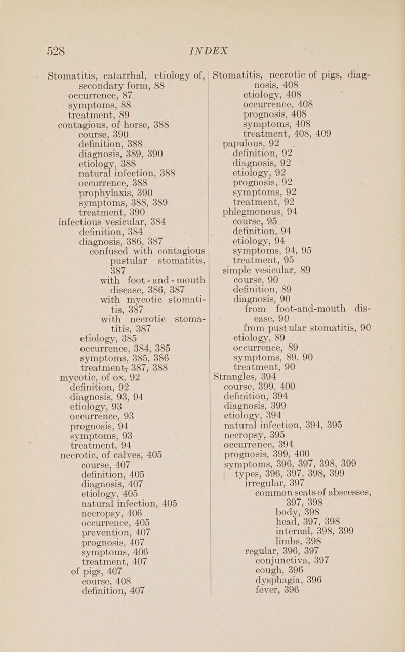 Stomatitis, catarrhal, etiology of, secondary form, 88 occurrence, 87 symptoms, 88 treatment, 89 contagious, of horse, 388 course, 390 definition, 388 diagnosis, 389, 390 etiology, 388 natural infection, 388 occurrence, 388 prophylaxis, 390 symptoms, 388, 389 treatment, 390 infectious vesicular, 384 definition, 384 diagnosis, 386, 387 confused with contagious pustular stomatitis, 387 with foot-and-mouth disease, 386, 387 with mycotic stomati- tis, 387 with necrotic stoma- titis, 387 etiology, 385 symptoms, 385, 386 mycotic, of ox, 92 definition, 92 diagnosis, 93, 94 etiology, 93 occurrence, 93 prognosis, 94 symptoms, 93 necrotic, of calves, 405 course, 407 definition, 405 diagnosis, 407 etiology, 405 natural infection, 405 necropsy, 406 occurrence, 405 prevention, 407 prognosis, 407 symptoms, 406 treatment, 407 of pigs, 407 course, 408 definition, 407 Stomatitis, necrotic of pigs, diag- nosis, 408 etiology, 408 occurrence, 408 prognosis, 408 symptoms, 408 treatment, 408, 409 papulous, 92 definition, 92 diagnosis, 92 etiology, 92 prognosis, 92 symptoms, 92 treatment, 92 phlegmonous, 94 course, 95 definition, 94 etiology, 94 symptoms, 94, 95 treatment, 95 simple vesicular, 89 course, 90 definition, 89 diagnosis, 90 from foot-and-mouth ease, 90 from pustular stomatitis, 90 etiology, 89 symptoms, 89, 90 Strangles, 394 course, 399, 400 definition, 394 diagnosis, 399 etiology, 394 natural infection, 394, 395 necropsy, 395 prognosis, 399, 400 symptoms, 396, 397, 398, 399 types, 396, 397, 398, 399 irregular, 397 common seats of abscesses, 397, 398 body, 398 head, 397, 398 internal, 398, 399 limbs, 398 regular, 396, 397 conjunctiva, 397 cough, 396 dysphagia, 396 fever, 396 dis-