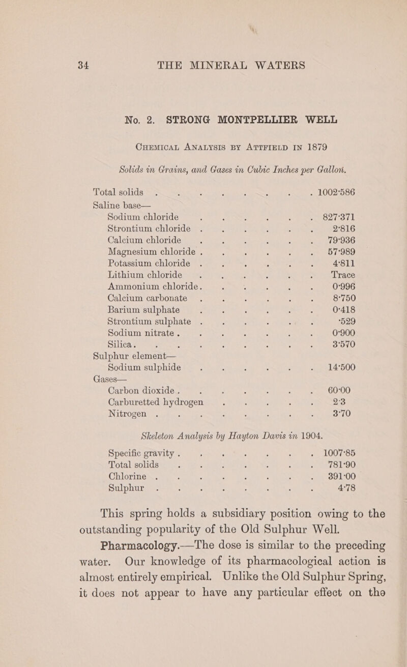 No. 2. STRONG MONTPELLIER WELL CHEMICAL ANALYSIS BY ATTFIELD IN 1879 Solids in Grains, and Gases in Cubic Inches per Gallon. Total solids . ; : ; ; : ; . 1002°586 Saline base— Sodium chloride ; : ; ’ ; wot or Strontium chloride . : : : : : 2°816 Calcium chloride ; ‘ ; ; : . 79°936 Magnesium chloride . ; : : : . 57°989 Potassium chloride . j 5 ; : ; 4811 Lithium chloride 3 : 2 : : : Trace Ammonium chloride. : ‘ ; ; ; 0:996 Calcium carbonate . ; , ; : i 8°750 Barium sulphate : : i : : 0°418 Strontium sulphate . : ; : : : 529 Sodium nitrate. : . : : : é 0°900 Silica. ; : : : : : : ; 3°570 Sulphur element— Sodium sulphide ; ; : ' . 14°500 Gases— Carbon dioxide . : ; : ; 2 yim 6% 0,8) Carburetted hydrogen : : : ; 2°3 Nitrogen . : : : ' : : b 3°70 Skeleton Analysts by Hayton Davis in 1904. Specific gravity . 5 : , . 1007°85 Total solids : : : &gt; : » ¥81°90 Chlorine . ; . : : \ ; . 891-00 Sulphur . : , . : : 4:78 This spring holds a subsidiary position owing to the outstanding popularity of the Old Sulphur Well. Pharmacology.—The dose is similar to the preceding water. Our knowledge of its pharmacological action is almost entirely empirical. Unlike the Old Sulphur Spring, it does not appear to have any particular effect on tho