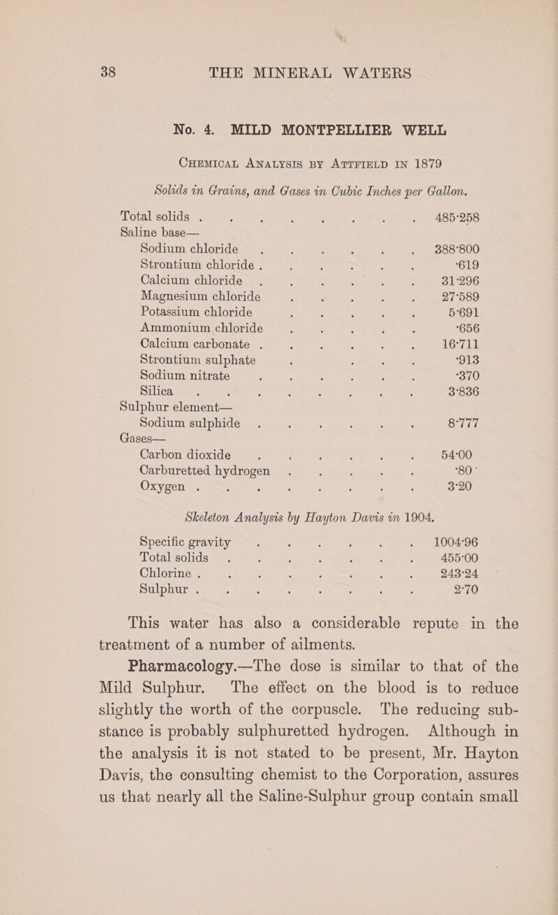 No. 4. MILD MONTPELLIER WELL CHEMICAL ANALYSIS BY ATTFIELD IN 1879 Solids in Grains, and Gases in Cubic Inches per Gallon. Total solids . 5 : : ; : . 485°258 Saline base— Sodium chloride , \ ; ‘ . 888°800 Strontium chloride . . : : : : ‘619 Calcium chloride. : ; ; : ; 31:296 Magnesium chloride ; : : ‘ : 27°589 Potassium chloride : ; : : : 5691 Ammonium chloride é : : P : 656 Calcium carbonate . : , A : } 16°711 Strontium sulphate , : : , 913 Sodium nitrate : : : ; ; ; 370 Silica tas. ; ; : : : : : 3°836 Sulphur element— Sodium sulphide . ; : : : 2 Sues Gases— Carbon dioxide : 2 : : ; : 54:00 Carburetted hydrogen . : ‘ : ‘80° Oxygen . ; : ; : , : 5 3°20 Skeleton Analysis by Hayton Davis m 1904, Specific gravity . ‘ ; : . 1004:96 Total solids. : ; ; ; : 45500 Chlorine . ; : , : : 243°24 Sulphur . ; ; : : ‘ ; 2°70 This water has also a considerable repute in the treatment of a number of ailments. Pharmacology.—The dose is similar to that of the Mild Sulphur. The effect on the blood is to reduce slightly the worth of the corpuscle. The reducing sub- stance is probably sulphuretted hydrogen. Although in the analysis it is not stated to be present, Mr. Hayton Davis, the consulting chemist to the Corporation, assures us that nearly all the Saline-Sulphur group contain small