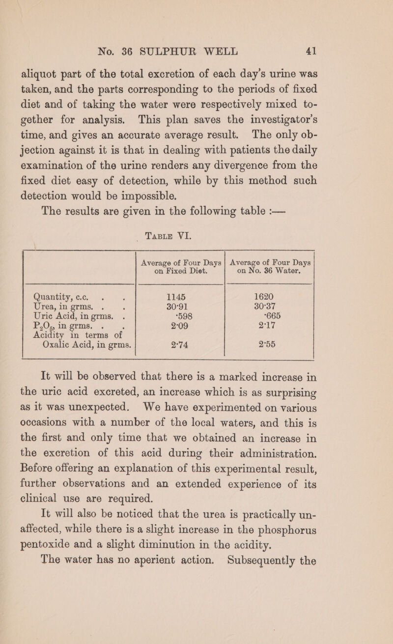 aliquot part of the total excretion of each day’s urine was taken, and the parts corresponding to the periods of fixed diet and of taking the water were respectively mixed to- gether for analysis. This plan saves the investigator's time, and gives an accurate average result. The only ob- jection against it is that in dealing with patients the daily examination of the urine renders any divergence from the fixed diet easy of detection, while by this method such detection would be impossible. The results are given in the following table :-— Tasre VI. Average of Four Days | Average of Four Days on Fixed Diet. on No, 36 Water. Quantity,c.c . Z 1145 1620 Urea, in grms. . 30°91 30°37 Uric Acid, ingrms. . 598 665 P.O. 1e-erms, 3's 2°09 2°17 Acidity in terms of Oxalic Acid, in grms. 2°74 2°55 It will be observed that there is a marked increase in the uric acid excreted, an increase which is as surprising as it was unexpected. We have experimented on various occasions with a number of the local waters, and this is the first and only time that we obtained an increase in the excretion of this acid during their administration. Before offering an explanation of this experimental result, further observations and an extended experience of its clinical use are required. Tt will also be noticed that the urea is practically un- affected, while there is a slight increase in the phosphorus pentoxide and a slight diminution in the acidity. The water has no aperient action. Subsequently the
