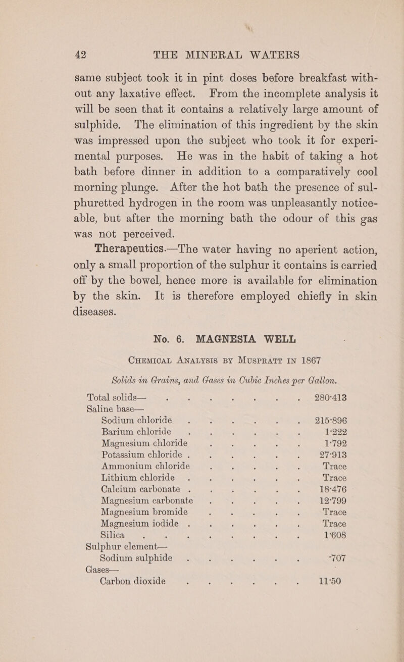 same subject took it in pint doses before breakfast with- out any laxative effect. From the incomplete analysis it will be seen that it contains a relatively large amount of sulphide. The elimination of this ingredient by the skin was impressed upon the subject who took it for experi- mental purposes. He was in the habit of taking a hot bath before dinner in addition to a comparatively cool morning plunge. After the hot bath the presence of sul- phuretted hydrogen in the room was unpleasantly notice- able, but after the morning bath the odour of this gas was not perceived. Therapeutics.—The water having no aperient action, only a small proportion of the sulphur it contains is carried off by the bowel, hence more is available for elimination by the skin. It is therefore employed chiefly in skin diseases. No. 6. MAGNESIA WELL CHEMICAL ANALYSIS BY MUSPRATT IN 1867 Solids in Grains, and Gases in Cubte Inches per Gallon. Total solids— : : : : ; : . 280°413 Saline base— Sodium chloride . ; y : : . 215896 Barium chloride : ; : 3 : : 1-232 Magnesium chloride Site ; : ; 1°792 Potassium chloride . : : : , ; 27°913 Ammonium chloride : . ’ ; : Trace Lithium chloride . 7 ; ; : : Trace Calcium carbonate . : ‘ : : : 18°476 Magnesium carbonate. : 12°799 Magnesium bromide , : 3 Trace Magnesium iodide . . ; Trace Silica : : : : ; ; ; . 1608 Sulphur element— Sodium sulphide. : : : : , ‘707 Gases— Carbon dioxide : : ‘ . : : 11°50