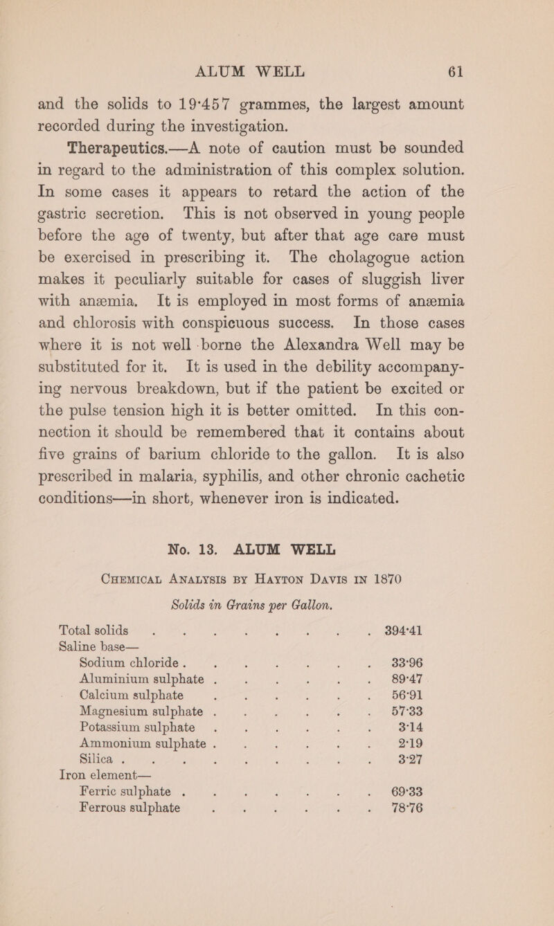 and the solids to 19°457 grammes, the largest amount recorded during the investigation. Therapeutics.—A note of caution must be sounded in regard to the administration of this complex solution. In some cases it appears to retard the action of the gastric secretion. This is not observed in young people before the age of twenty, but after that age care must be exercised in prescribing it. The cholagogue action makes it peculiarly suitable for cases of sluggish liver with anemia, It is employed in most forms of anemia and chlorosis with conspicuous success. In those cases where it is not well borne the Alexandra Well may be substituted for it. It is used in the debility accompany- ing nervous breakdown, but if the patient be excited or the pulse tension high it is better omitted. In this con- nection it should be remembered that it contains about five grains of barium chloride to the gallon. It is also prescribed in malaria, syphilis, and other chronic cachetic conditions—in short, whenever iron is indicated. No. 13. ALUM WELL CHEMICAL ANALYSIS BY Hayton Davis IN 1870 Solids in Grains per Gallon. Total solids . ‘ ; : : ; ; . 394°41 Saline base— Sodium chloride . ; 4 ‘ . 33°96 Aluminium sulphate . ‘ ; . 89°47 Calcium sulphate : : ; . 56°91 Magnesium sulphate . ' A . 57°33 Potassium sulphate . i , ; 3°14 Ammonium sulphate . . 2°19 Silica . 5 ‘ : : : ; : 3°27 Tron element— Ferric sulphate . ; ‘ . 69°33 Ferrous sulphate : ‘ A i (816