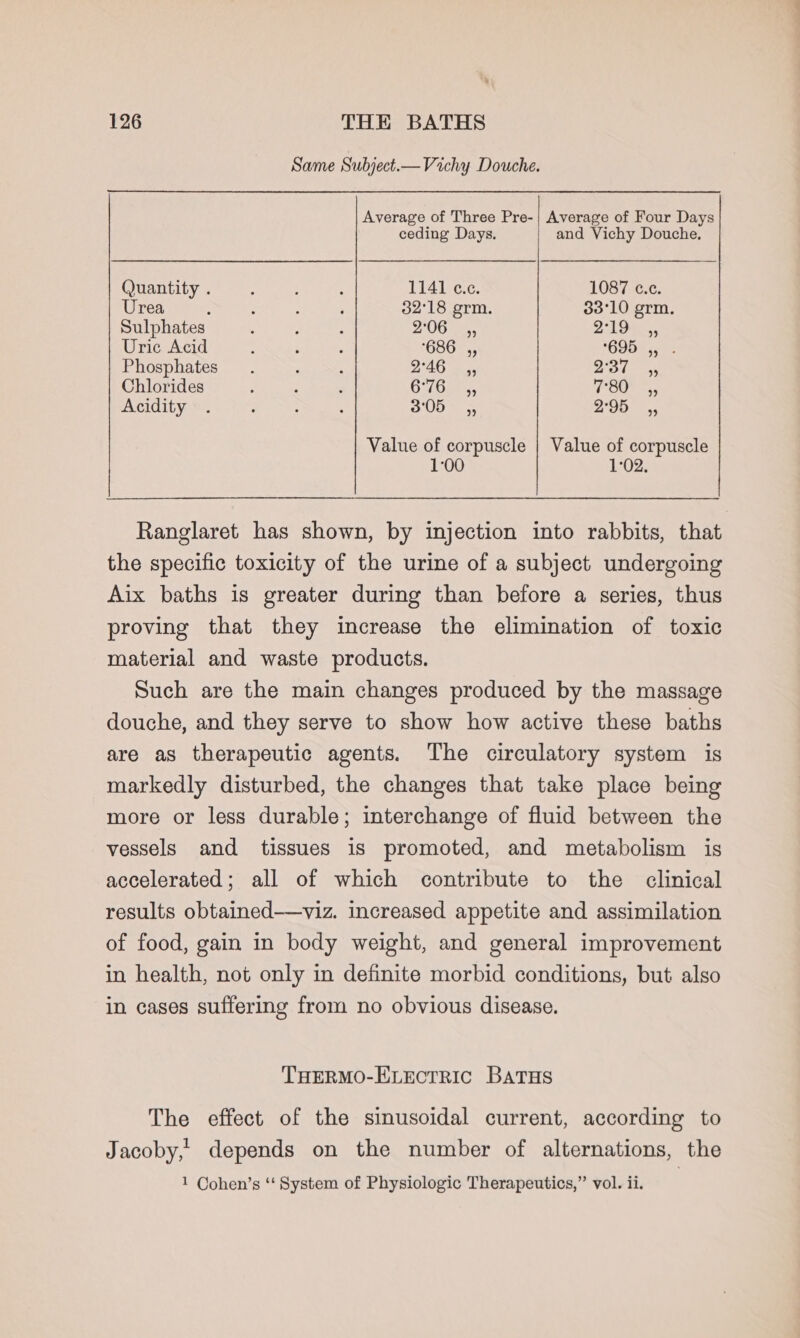 Same Subject.—Vichy Douche. Average of Three Pre-| Average of Four Days ceding Days. and Vichy Douche. Quantity . ; : : 1141 c.c. 1087 c.c. Urea : : ‘ ; 32°18 grm. 33°10 grm. Sulphates ; j : 2'OG oa. 2°19)... Uric Acid : ‘ ’ ‘686 ,, 695-55: Phosphates. ; : 2°46 | ,, Broly Chlorides : ‘ ' O2/ Gan vigc.! eee Acidity . ; : ; 3°05, 2°05: Value of corpuscle | Value of corpuscle 1:00 1°02. Ranglaret has shown, by injection into rabbits, that the specific toxicity of the urine of a subject undergoing Aix baths is greater during than before a series, thus proving that they increase the elimination of toxic material and waste products. Such are the main changes produced by the massage douche, and they serve to show how active these baths are as therapeutic agents. The circulatory system is markedly disturbed, the changes that take place being more or less durable; interchange of fluid between the vessels and tissues is promoted, and metabolism is accelerated; all of which contribute to the clinical results obtained——viz. increased appetite and assimilation of food, gain in body weight, and general improvement in health, not only in definite morbid conditions, but also in cases suffering from no obvious disease. THERMO-ELECTRIC BATHS The effect of the sinusoidal current, according to Jacoby, depends on the number of alternations, the 1 Cohen’s ‘System of Physiologic Therapeutics,” vol. ii.