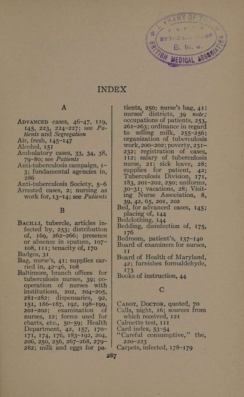 ADVANCED cases, 46-47, I19, 145, 223, 224-227; see Pa- tients and Segregation Air, fresh, 145-147 Alcohol, 151 Ambulatory cases, 33, 34, 38, 79-80; see Patients _Anti-tuberculosis campaign, I- 3; fundamental agencies in, 286 Anti-tuberculosis Society, 5-6 Arrested cases, 2; nursing as work for, 13-14; see Patients B Bacitui, tubercle, articles in- fected by, 253; distribution of, 169, 262-266; presence or absence in sputum, 107- 108, 111; tenacity of, 170 Badges, 31 Bag, nurse’s, 41; supplies car- ried in, 42-46, 108 Baltimore, branch offices for tuberculosis nurses, 39; co- operation of nurses with institutions, 202, 204-205, 281-282; dispensaries, 92, 151, 186-187, 192, 198-199, 201-202; examination of nurses, 12; forms used for charts, etc., 50-59; Health Department, 42, 157, 170- 171, 174, 176, 183-192, 204, 206, 250, 256, 267-268, 279- 282; milk and eggs for pa- nurses’ districts, 39 note; occupations of patients, 253, 261-263; ordinance in regard to selling milk, 255-256; organization of tuberculosis work, 200-202; poverty, 231- 232; registration of cases, 112; salary of tuberculosis nurse, 21; sick leave, 28; supplies for patient, 42; Tuberculosis Division, 171, 183, 201-202, 250; uniforms, 30-31; vacations, 28; Visit- ing Nurse Association, 8, 39, 42, 65, 201, 202 Bed, for advanced cases, 145; placing of, 144 Bedclothing, 144 Bedding, disinfection of, 175, 176 Bedroom, patient’s, 137-140 Board of examiners for nurses, II Board of Health of Maryland, 42; furnishes formaldehyde, Lt Bees : Books of instruction, 44 | Cc Carnot, Doctor, quoted, 70 Calls, night, 16; sources from which received, 121 Calmette test, III Card index, 53-54 ‘‘Careful consumptive, 220-223 Carpets, eee: 178-179 ” the,