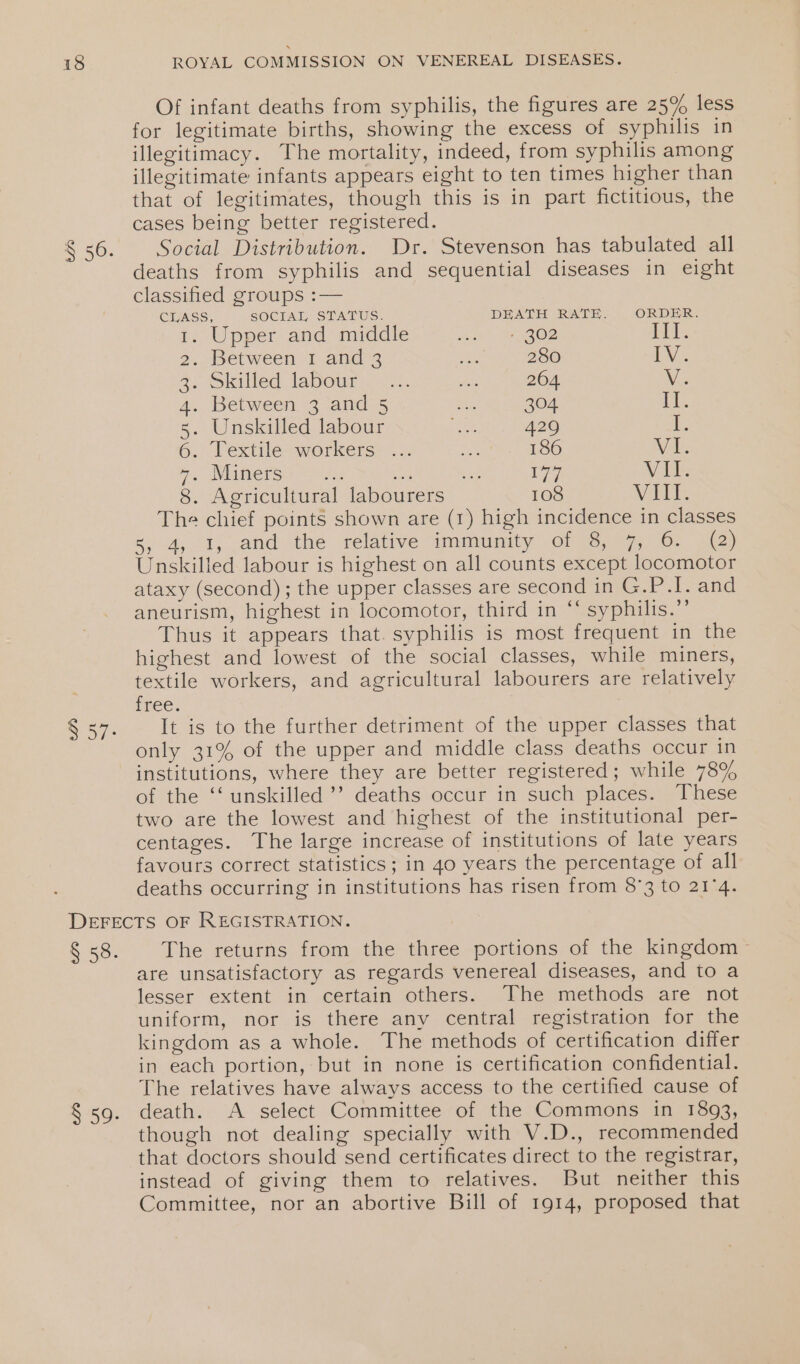 Of infant deaths from syphilis, the figures are 25% less for legitimate births, showing the excess of syphilis in illegitimacy. The mortality, indeed, from syphilis among illegitimate infants appears eight to ten times higher than that of legitimates, though this is in part fictitious, the cases being better registered. Social Distribution. Dr. Stevenson has tabulated all deaths from syphilis and sequential diseases in eight classified groups :— CLASS, SOCIUMG, GaUAMniUS). 1D AGRE GRADE ORDER. 1. Upper and middle may! i g@2 Til. 2. Between 1 and 3 es 280 LV. 2: Skilled, labour ioc: Pe 264. Was 4. Between 3 and 5 ae 304 ee 5. Unskilled labour irs 429 I 6. lextile sworkers® &lt;2. te 186 Wel. 7. Miners aig oe Le 177 Wt 8. Agricultural labourers 108 Vs The chief points shown are (1) high incidence in classes 5. 4, 4; and the relative immunity 0:59, 975 6: 42) Unskilled labour is highest on all counts except locomotor ataxy (second) ; the upper classes are second in G.P.I. and aneurism, highest in locomotor, third in “‘ syphilis.”’ Thus it appears that. syphilis is most frequent in the highest and lowest of the social classes, while miners, textile workers, and agricultural labourers are relatively ree. It is to the further detriment of the upper classes that only 31% of the upper and middle class deaths occur in institutions, where they are better registered; while 78% of the ‘‘ unskilled ’’ deaths occur in such places. These two are the lowest and highest of the institutional per- centages. The large increase of institutions of late years favours correct statistics; in 40 years the percentage of all deaths occurring in institutions has risen from 8°3 to 21°4. § 58. § 59. The returns from the three portions of the kingdom ~ are unsatisfactory as regards venereal diseases, and to a lesser extent in certain others. The methods are not uniform, nor is there any central registration for the kingdom as a whole. The methods of certification differ in each portion, but in none is certification confidential. The relatives have always access to the certified cause of death. A select Committee of the Commons in 1893, though not dealing specially with V.D., recommended that doctors should send certificates direct to the registrar, instead of giving them to relatives. But neither this Committee, nor an abortive Bill of 1914, proposed that