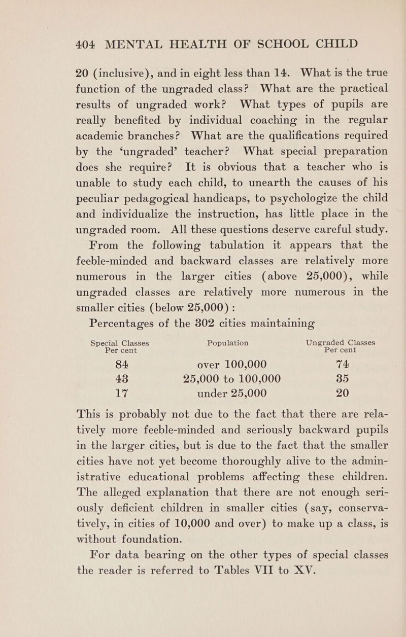 20 (inclusive), and in eight less than 14. What is the true function of the ungraded class? What are the practical results of ungraded work? What types of pupils are really benefited by individual coaching in the regular academic branches? What are the qualifications required by the ‘ungraded’ teacher? What special preparation does she require? It is obvious that a teacher who is unable to study each child, to unearth the causes of his peculiar pedagogical handicaps, to psychologize the child and individualize the instruction, has little place in the ungraded room. All these questions deserve careful study. From the following tabulation it appears that the feeble-minded and backward classes are relatively more numerous in the larger cities (above 25,000), while ungraded classes are relatively more numerous in the smaller cities (below 25,000) : Percentages of the 302 cities maintaining ae eet Population Se 84 over 100,000 74 43 25,000 to 100,000 35 ihre under 25,000 20 This is probably not due to the fact that there are rela- tively more feeble-minded and seriously backward pupils in the larger cities, but is due to the fact that the smaller cities have not yet become thoroughly alive to the admin- istrative educational problems affecting these children. The alleged explanation that there are not enough seri- ously deficient children in smaller cities (say, conserva- tively, in cities of 10,000 and over) to make up a class, is without foundation. For data bearing on the other types of special classes the reader is referred to Tables VII to XV.