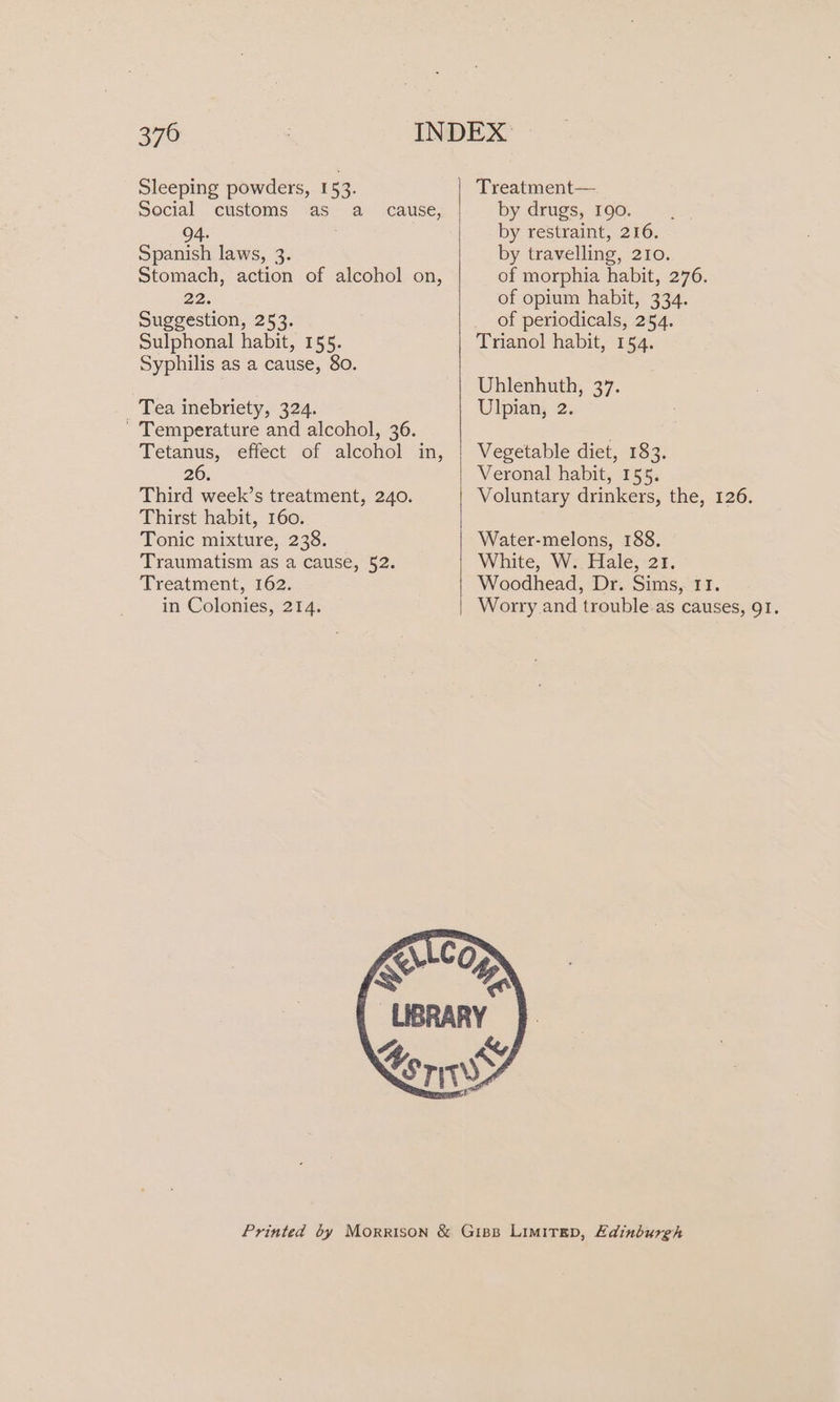 370 Sleeping powders, 153. Social customs as a cause, 94. Spanish laws, 3. Stomach, action of alcohol on, 22. Suggestion, 253. Sulphonal habit, 155. Syphilis as a cause, 80. _ Tea inebriety, 324. - Temperature and alcohol, 36. Tetanus, effect of alcohol in, 26. Third week’s treatment, 240. Thirst habit, 160. Tonic mixture, 238. Traumatism as a cause, 52. Treatment, 162. in Colonies, 214. Treatment— by drugs, 190. by restraint, 216. by travelling, 210. of morphia habit, 276. of opium habit, 334. of periodicals, 254. Trianol habit, 154. Uhlenhuth, 37. Ulpian, 2. Vegetable diet, 183. Veronal habit, 155. Voluntary drinkers, the, 126. Water-melons, 188. White, W. Hale, 21. Woodhead, Dr. Sims, I1. Worry and trouble as causes, 91.