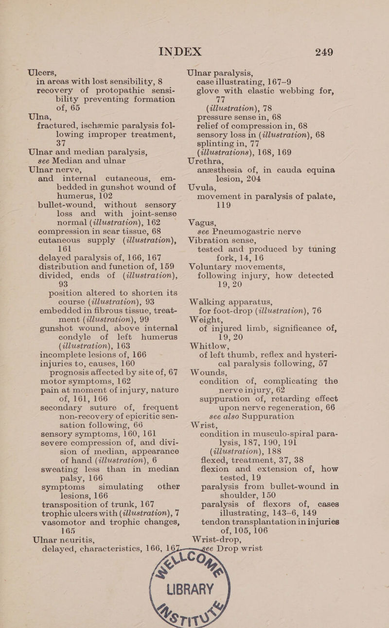 Ulcers, in areas with lost sensibility, 8 recovery of protopathic sensi- | bility preventing formation of, 65 Ulna, fractured, ischemic paralysis fol- lowing improper treatment, 37 Ulnar and median paralysis, see Median and ulnar Ulnar nerve, and internal cutaneous, em- bedded in gunshot wound of humerus, 102 bullet-wound, without sensory loss and with joint-sense normal (zllustration), 162 compression in scar tissue, 68 cutaneous supply (illustration), 161 delayed paralysis of, 166, 167 distribution and function of, 159 divided, ends of (illustration), 93 position altered to shorten its course (illustration), 93 embedded in fibrous tissue, treat- ment (2dlustration), 99 gunshot wound, above internal condyle of left humerus (zllustration), 163 incomplete lesions of, 166 injuries to, causes, 160 prognosis affected by site of, 67 motor symptoms, 162 pain at moment of injury, nature 1,161, 166 secondary suture of, frequent non-recovery of epicritic sen- sation following, 66 sensory symptoms, 160, 161 severe compression of, and divi- sion of median, appearance of hand (zlustration), 6 sweating less than in median palsy, 166 symptoms simulating lesions, 166 transposition of trunk, 167 trophic ulcers with (¢lustration), 7 vasomotor and trophic changes, 165 Ulnar neuritis, delayed, characteristics, 166, 16 other \v A 249 Ulnar paralysis, case illustrating, 167-9 glove with elastic webbing for, 77 (zllustration), 78 pressure sense in, 68 relief of compression in, 68 sensory loss in (zlustration), 68 splinting in, 77 (allustrations), 168, 169 Urethra, anesthesia of, in cauda equina lesion, 204 Uvula, movement in paralysis of palate, 119 Vagus, see Pneumogastric nerve Vibration sense, tested and produced by tuning fork, 14, 16 Voluntary movements, following injury, how detected 19, 20 Walking apparatus, for foot-drop (zJlustration), 76 Weight, of injured limb, significance of, 19, 20 Whitlow, of left thumb, reflex and hysteri- cal paralysis following, 57 Wounds, condition of, complicating the nerve injury, 62 suppuration of, retarding effect upon nerve regeneration, 66 see also Suppuration Wrist, condition in musculo-spiral para- lysis, 187, 190, 191 (allustration), 188 flexed, treatment, 37, 38 flexion and extension of, how tested, 19 paralysis from bullet-wound in shoulder, 150 paralysis of flexors of, illustrating, 143-6, 149 tendon transplantation in injuries of, 105, 106 Wrist-drop, ee Drop wrist Co &gt; e Cases KY
