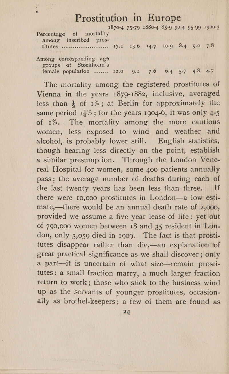 1870-4 75-79 1880-4 85-9 90-4 95-99 1900-3 Percentage of mortality among inscribed pros- PUES BAe vi at oipaieloudileleieene s 17T 13.6.) 14.9.) 10. Gf oegt OO ae Among corresponding age groups of Stockholm’s female population ........ T2601) God 6 Os4 Seg ee haem The mortality among the registered prostitutes of Vienna in the years 1879-1882, inclusive, averaged less than } of 1%; at Berlin for approximately the same period 14% ; for the years 1904-6, it was only 4-5 of 1%. The mortality among the more cautious women, less exposed to wind and weather and alcohol, is probably lower still. English statistics, though bearing less directly on the point, establish a similar presumption. Through the London Vene- real Hospital for women, some 400 patients annually pass; the average number of deaths during each of the last twenty years has been less than three. If there were 10,000 prostitutes in London—a low esti- mate,—there would be an annual death rate of 2,000, provided we assume a five year lease of life: yet out of 790,000 women between 18 and 35 resident in Lon- don, only 3,059 died in 1909. The fact is that prosti- tutes disappear rather than die,—an explanation /of great practical significance as we shall discover; only a part—it is uncertain of what size—remain prosti- tutes: a small fraction marry, a much larger fraction return to work; those who stick to the business wind up as the servants of younger prostitutes, occasion- ally as brothel-keepers; a few of them are found as