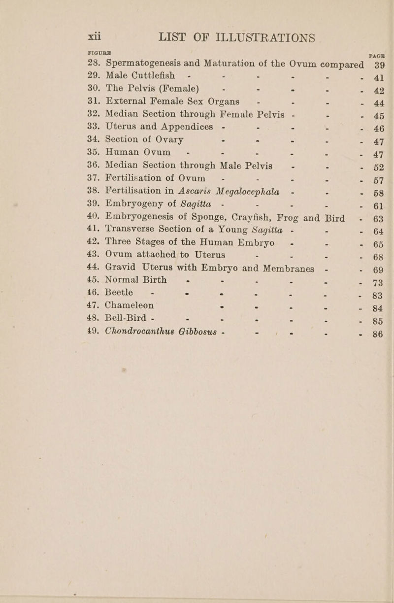 FIGURE PAGE 28. Spermatogenesis and Maturation of the Ovum compared 39 29. Male Cuttlefish - - : - - - 41 30. The Pelvis (Female) - . - . - 42 31. External Female Sex Organs - - . - 44 32. Median Section through Female Pelvis - - - 45 33. Uterus and Appendices - - - - - 46 34, Section of Ovary - - - - - 47 35. Human Ovum - - - - ; ay | 36. Median Section through Male Pelvis - - - §2 37. Fertilisation of Ovum - - - 2 Pa 54&gt; 38. Fertilisation in Ascaris Megalocephala_ - - - 58 39. Embryogeny of Sagitta - - - - - 61 4). Embryogenesis of Sponge, Crayfish, Frog and Bird - 63 41. Transverse Section of a Young Sagitia - - - 64 42. Three Stages of the Human Embryo - - - 65 43. Ovum attached to Uterus - “ - ~ 68 44. Gravid Uterus with Embryo and Membranes - - 69 45. Normal Birth - . - - . ‘Ae 46. Beetle - ° - = = 5 ~ Se 47. Chameleon ° - : _ meee) 48. Bell-Bird - - - - - - ae 49. Ohondrocanthus Gibbosus - - ahhte : - 86