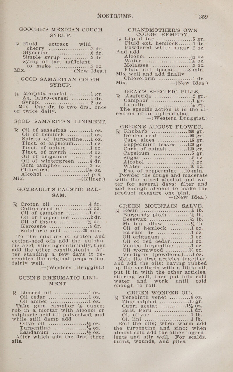 GOOCHE’S MEXICAN COUGH SY RUB: R Fluid extract wild CHEER Vireo iran scones 2 dr. GIVI CETING 22.4 a oes eae eke 6 dr. Simple VSVTUD isn cseca ics 2-dr. Syrup of tar, sufficient ‘ COU HTaAISGR 24s core onOZe Mix. —(New Idea.) GOOD SAMARITAN COUGH SYRUP. ese VEOT OMe Manila. sane Ae ora. AG. lauro-Cerasi sc... 3c, ddr: VAUD pects ttre esas tee 2 OZ. Mix. One dr. to two drs., once or twice daily. GOOD SAMARITAN LINIMENT. es OFLAOFE “SaSSAbta’s oc gsc 1 oz. Oils Ofc WenminlOCK iicckculec ce 1 oz. Spirits of turpentine....1 oz. ADMUOKOES Ole TOR ORINOCO TER Se yon. 1 OZ. WINCt.. OL OPM .5 occas I OZ. Inet Ot My srr een tee 4 Oz. Oil (OfaoOrica muna ase. ee 2 OZ. Oil of wintergreen ...... 4 dr. Cums Canny Owen sa. see 2 OZ. ChHlOnrEOrmiy moses acs ae 1% oz Uc al ae ape ieneerpes Aare 4 pts. Mix. —(Kilner.) GOMBAULT’S CAUSTIC BAL- SAM. Fee COTO O01. ieee oa sc aeiele os 4 dr. Corcon=seed&gt; OMA stesso 2 OZ. Oi SO CAMINO LI ac caisson oe IE oli: Oil of turpentine ......... 2dr. Oi Of thyme) wee eens % dr. TEC TOSECM Oia ccieseee as en ies 4 dr. SU ONYTIC- AGIA... fess. 20 min. To the mixture of croton and cotton-seed oils add the sulphu- ric acid, stirring continually, then add the other constitutents. Af- ter standing a few days it re- sembles the original preparation fairly well. —(Western Drugzgist.) GUNN’S RHEUMATIC LINI- MENT. Pye aeMSeed. GOT, Sede iveclccseclelers « Oz QP GC COA. Vt sme tae ocreaetas oll COVA, O)UIe Weal) oyes Sars onion fame ere 1Ozs Take gum camphor % ounce; rub in a mortar with alcohol or sulphuric acid till pulverized, and while still damp add OMVieE WO eos ences ase see roles Y% oz MUP DETIEINCs a riveieclcoe ease iy Se AGRUGAMUIMN® cic ccvicne sie bere wo After which add the first ake oils, GRANDMOTHER’S OWN COUGH REMEDY. RSG GE, CEG a. cbse sacseten ale 5 gr. Fluid ext. hemlock....... 18 lrg Powdered white sugar..2 oz. And add ASIC @MMONe Sack masceee es bs Y% oz BV SEU WO te ge rete ete sete cayman te shea's 1% oz IMONASSES Hie iden Se eas a OVAS FMW Oxak, 1peCa Gess.e. 8 min. Mix well and add finally pO TEOROE OPM io ors ee assis Hoe oie 1 dr. Mix. —(New Idea.) GRAY’S SPECIFIC PILLS. PRCA SAC ELC oc:. Se oaetsows, «tare ae 2 er. Canmipnor co S36 oases Sins 1 gr. HES TSO MR Teas Coes ethers cu reratereersteke 1g er, The specific action is in the di- rection of an aphrodisiac. —(Western Druggist.) GREEN’S AUGUST FLOWER. 3 Rae lau evae lOve aca Svertast tees Sere ae 60 gr. Golden 8a: sory iecesecds 90 gr. CADes AlOCS sik coe ons eee 16 gr. Peppermint leaves 120 gr. Carb. Of POtasihie. a. aecrs 120 gr. Clap sienpanliters acter ieee ites 5 gr. SUP AT —iiieasten sin se Suarsiioe cies one 5 OZ. PAUL COMNOM. s Sorcrciceroras oe eirnee ree 3.02 Wie cra sem creamer eeGrioes 10 0z Ess. of peppermint ...20 min. Powder the drugs and macerate with the mixed alcohol and wa- ter for several days; filter and add enough alcohol to make the product measure one pint. —(New Idea.) GREEN MOUNTAIN SALVE. PRP ROS Mah saretea sarees Yes eicebvadyeaa 5 lb. Buia snGy. pitehins some Y% ib, IC CSW ciracwnete merce ae % 1b. VE EG ONa SLA OIWa: sore urere recite elev YY, lb. OilPoteshemlockiwe ccc ots. 1 02 IBS aie firs vo heave a aioe ones 1 oz. OU GORLS awa ho iifasies hans see 1 oz. Oil “of “ved cedar? .oicsc26 Oz Venice turpentine ....... 1 oz. OreworimiwOod) jaccnesece % Oz. Verdigris (powdered).. Melt the first articles together, and add the oils; having rubbed up the verdigris with a little oil, put it in with the other articles, stirring well; then put into cold water and work until cold enough to roll. GREEN WONDER OIL. R Terebinth venet .......... 4 Oz. ZANTNCESUMDINA TS stele eieie's sicie 51010) 15 gr. Gmiprimtacetatewncecsiem nese 16 0z Balls: (Peru. ssh cveew eee 1 dr. OUR Oli Vallee Aesis eee 1 lb. Olu saniek: ss eacae ee eee 1 Ib. Boil the oils; when warm add the turpentine and zinc; when almost cold add the other ingred- ients and stir well. For scalds, burns, wounds, and piles,