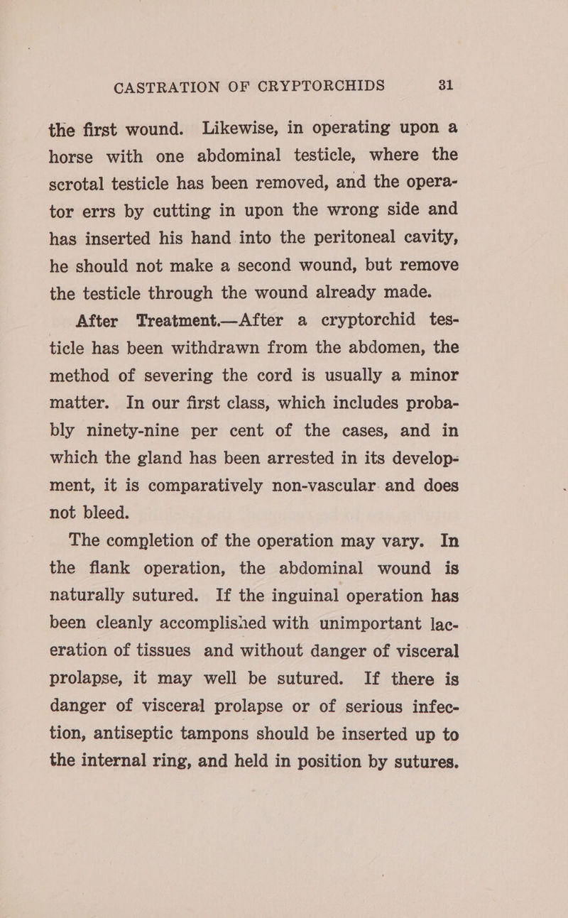 the first wound. Likewise, in operating upon a horse with one abdominal testicle, where the scrotal testicle has been removed, and the opera- tor errs by cutting in upon the wrong side and has inserted his hand into the peritoneal cavity, he should not make a second wound, but remove the testicle through the wound already made. After Treatment.—After a cryptorchid tes- ticle has been withdrawn from the abdomen, the method of severing the cord is usually a minor matter. In our first class, which includes proba- bly ninety-nine per cent of the cases, and in which the gland has been arrested in its develop- ment, it is comparatively non-vascular. and does not bleed. The completion of the operation may vary. In the flank operation, the abdominal wound is naturally sutured. If the inguinal operation has been cleanly accomplisned with unimportant lac- eration of tissues and without danger of visceral prolapse, it may well be sutured. If there is danger of visceral prolapse or of serious infec- tion, antiseptic tampons should be inserted up to the internal ring, and held in position by sutures.