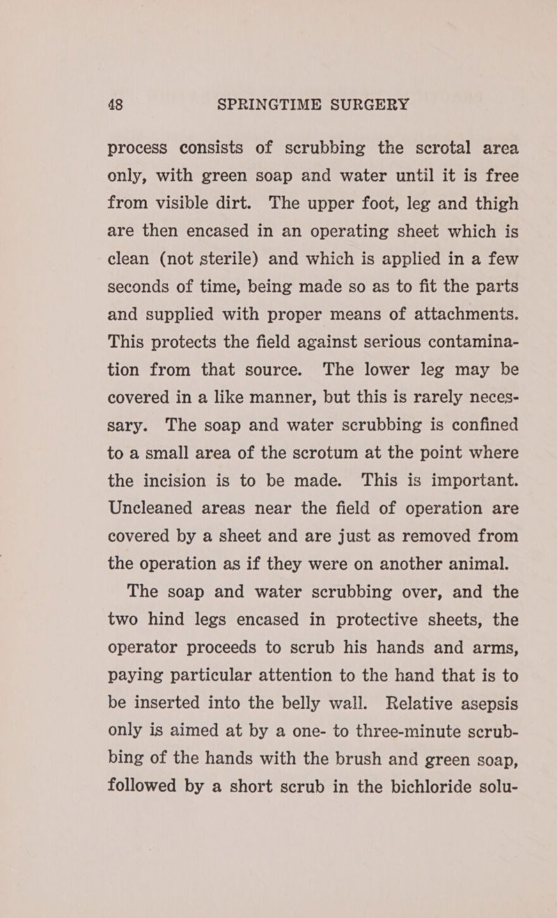 process consists of scrubbing the scrotal area only, with green soap and water until it is free from visible dirt. The upper foot, leg and thigh are then encased in an operating sheet which is clean (not sterile) and which is applied in a few seconds of time, being made so as to fit the parts and supplied with proper means of attachments. This protects the field against serious contamina- tion from that source. The lower leg may be covered in a like manner, but this is rarely neces- sary. The soap and water scrubbing is confined to a small area of the scrotum at the point where the incision is to be made. This is important. Uncleaned areas near the field of operation are covered by a sheet and are just as removed from the operation as if they were on another animal. The soap and water scrubbing over, and the two hind legs encased in protective sheets, the operator proceeds to scrub his hands and arms, paying particular attention to the hand that is to be inserted into the belly wall. Relative asepsis only is aimed at by a one- to three-minute scrub- bing of the hands with the brush and green soap, followed by a short scrub in the bichloride solu-