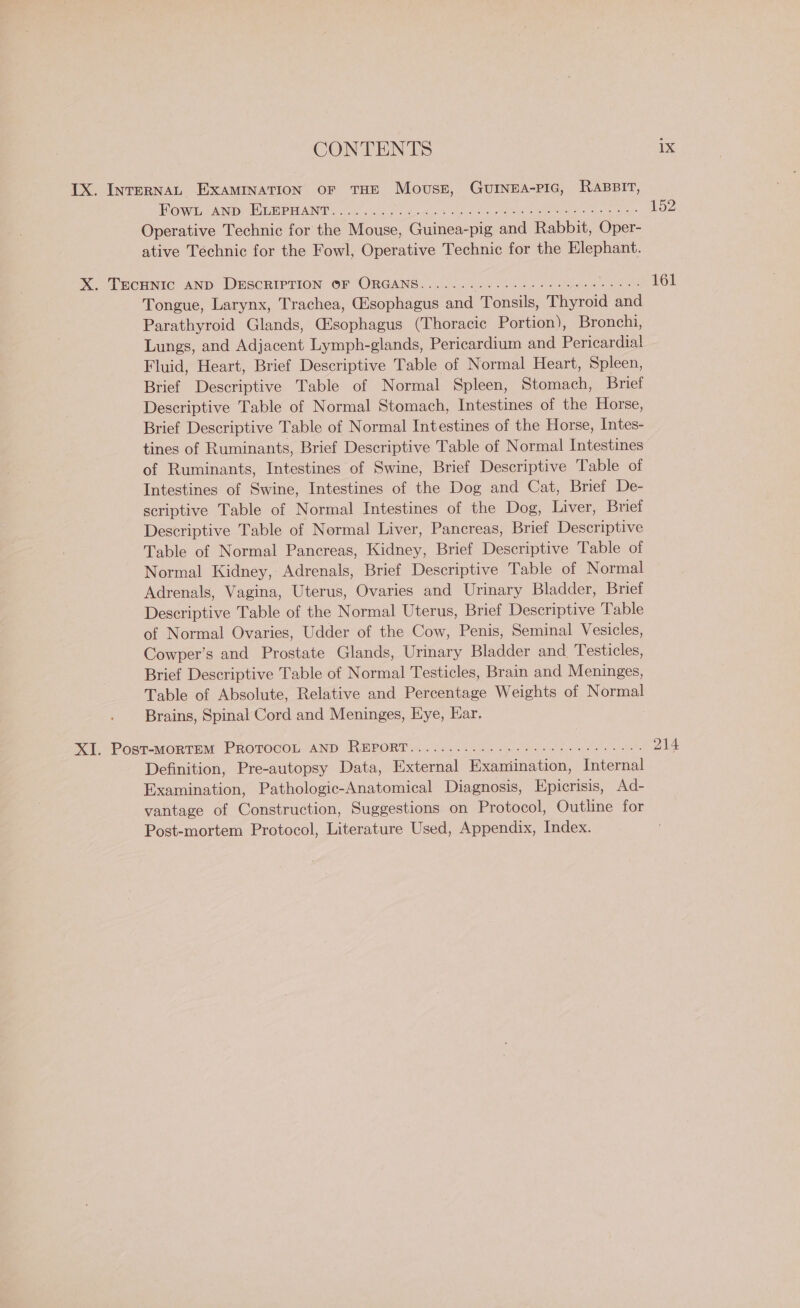 IX. Internat Examination oF THE Movuse, GUINEA-PIG, RaBBirT, HO Wit) AND PUPP AUN Sag a pe eanedea a. ® ohtes ease taro woe pee nes soe age 152 Operative Technic for’ the Mouse, Guinea-pig and Rabbit, Oper- ative Technic for the Fowl, Operative Technic for the Elephant. X. TECHNIC AND DESCRIPTION OF ORGANS....... DEST PRR SR 161 Tongue, Larynx, Trachea, @sophagus and Tonsils, Thyroid and Parathyroid Glands, Gisophagus (Thoracic Portion), Bronchi, Lungs, and Adjacent Lymph-glands, Pericardium and Pericardial Fluid, Heart, Brief Descriptive Table of Normal Heart, Spleen, Brief Descriptive Table of Normal Spleen, Stomach, Brief Descriptive Table of Normal Stomach, Intestines of the Horse, Brief Descriptive Table of Normal Intestines of the Horse, Intes- tines of Ruminants, Brief Descriptive Table of Normal Intestines of Ruminants, Intestines of Swine, Brief Descriptive Table of Intestines of Swine, Intestines of the Dog and Cat, Brief De- scriptive Table of Normal Intestines of the Dog, Liver, Brief Descriptive Table of Normal Liver, Pancreas, Brief Descriptive Table of Normal Pancreas, Kidney, Brief Descriptive Table of Normal Kidney, Adrenals, Brief Descriptive Table of Normal Adrenals, Vagina, Uterus, Ovaries and Urinary Bladder, Brief Descriptive Table of the Normal Uterus, Brief Descriptive Table of Normal Ovaries, Udder of the Cow, Penis, Seminal Vesicles, Cowper’s and Prostate Glands, Urinary Bladder and Testicles, Brief Descriptive Table of Normal Testicles, Brain and Meninges, Table of Absolute, Relative and Percentage Weights of Normal Brains, Spinal Cord and Meninges, Eye, Ear. Ki Posr-MmoRTEM PROTOCOL AND REPORT 3). f6.. 258 3-2 ei ate el 214 Definition, Pre-autopsy Data, External Exaniination, Internal Examination, Pathologic-Anatomical Diagnosis, Epicrisis, Ad- vantage of Construction, Suggestions on Protocol, Outline for Post-mortem Protocol, Literature Used, Appendix, Index.