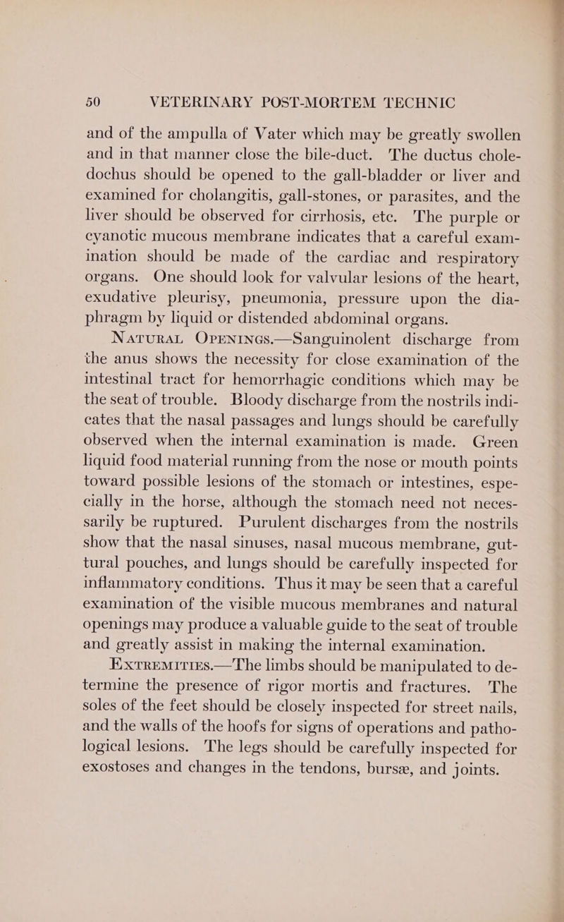 and of the ampulla of Vater which may be greatly swollen and in that manner close the bile-duct. The ductus chole- dochus should be opened to the gall-bladder or liver and examined for cholangitis, gall-stones, or parasites, and the liver should be observed for cirrhosis, ete. The purple or cyanotic mucous membrane indicates that a careful exam- ination should be made of the cardiac and respiratory organs. One should look for valvular lesions of the heart, exudative pleurisy, pneumonia, pressure upon the dia- phragm by liquid or distended abdominal organs. NaturaL Oprenines.—Sanguinolent discharge from the anus shows the necessity for close examination of the intestinal tract for hemorrhagic conditions which may be the seat of trouble. Bloody discharge from the nostrils indi- cates that the nasal passages and lungs should be carefully observed when the internal examination is made. Green liquid food material running from the nose or mouth points toward possible lesions of the stomach or intestines, espe- cially in the horse, although the stomach need not neces- sarily be ruptured. Purulent discharges from the nostrils show that the nasal sinuses, nasal mucous membrane, gut- tural pouches, and lungs should be carefully inspected for inflammatory conditions. Thus it may be seen that a careful examination of the visible mucous membranes and natural openings may produce a valuable guide to the seat of trouble and greatly assist in making the internal examination. Extremiries.—The limbs should be manipulated to de- termine the presence of rigor mortis and fractures. The soles of the feet should be closely inspected for street nails, and the walls of the hoofs for signs of operations and patho- logical lesions. The legs should be carefully inspected for exostoses and changes in the tendons, bursa, and joints.