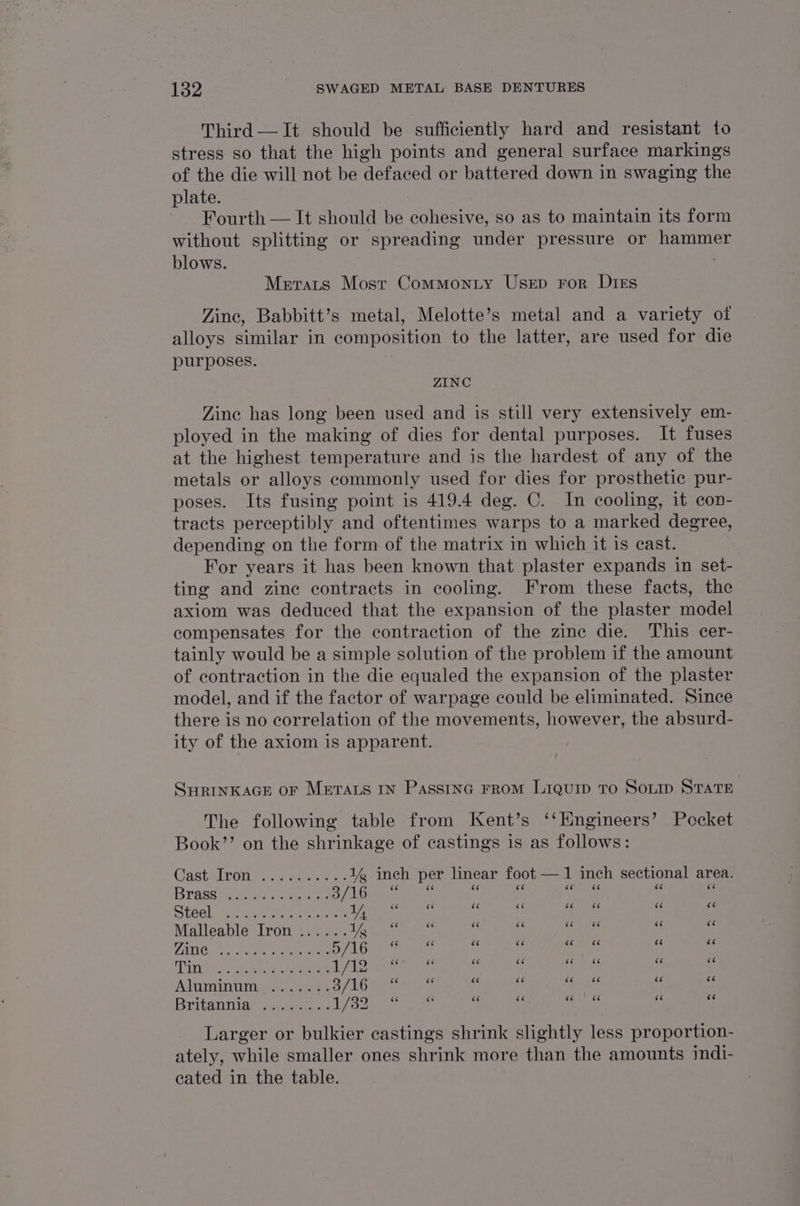 Third —It should be sufficiently hard and resistant to stress so that the high points and general surface markings of the die will not be defaced or battered down in swaging the plate. _ Fourth — It should be cohesive, so as to maintain its form without splitting or spreading under pressure or hammer blows. Merats Most Commonty Usep ror Dies Zinc, Babbitt’s metal, Melotte’s metal and a variety of alloys similar in composition to the latter, are used for die purposes. ZINC Zine has long been used and is still very extensively em- ployed in the making of dies for dental purposes. It fuses at the highest temperature and is the hardest of any of the metals or alloys commonly used for dies for prosthetic pur- poses. Its fusing point is 419.4 deg. C. In cooling, it con- tracts perceptibly and oftentimes warps to a marked degree, depending on the form of the matrix in which it is cast. For years it has been known that plaster expands in set- ting and zine contracts in cooling. From these facts, the axiom was deduced that the expansion of the plaster model compensates for the contraction of the zinc die. This cer- tainly would be a simple solution of the problem if the amount of contraction in the die equaled the expansion of the plaster model, and if the factor of warpage could be eliminated. Since there is no correlation of the movements, however, the absurd- ity of the axiom is apparent. QHRINKAGE OF METALS IN PasstnG From Liquip To Souip STATE The following table from Kent’s ‘‘Kngineers’ Pocket Book’’ on the shrinkage of castings is as follows: Castel ROR tckrnitdeter. 1% inch per linear foot —1 inch sectional area. Brass 3/16 ‘“ ‘6 ‘6 ‘é Woe 1G 6 BG a esa ee Se y/, ‘6 ‘ 6c rz Commer ‘ (si Malleable Iron i a Cre é&lt; é&lt; ey - &gt; Zine 5/16 cc 6c 66 66 (ie Pats 73 3 Tin 1/12 ce 66 66 66 6c (a3 6“ 6 Geant ain a oat 3/16 ‘ 6 6c ““ Rice oy; ‘ Britannia be cris 1/32 66 oe (&lt;3 (a3 66 6c 6c ‘cc Larger or bulkier castings shrink slightly less proportion- ately, while smaller ones shrink more than the amounts indi- cated in the table.