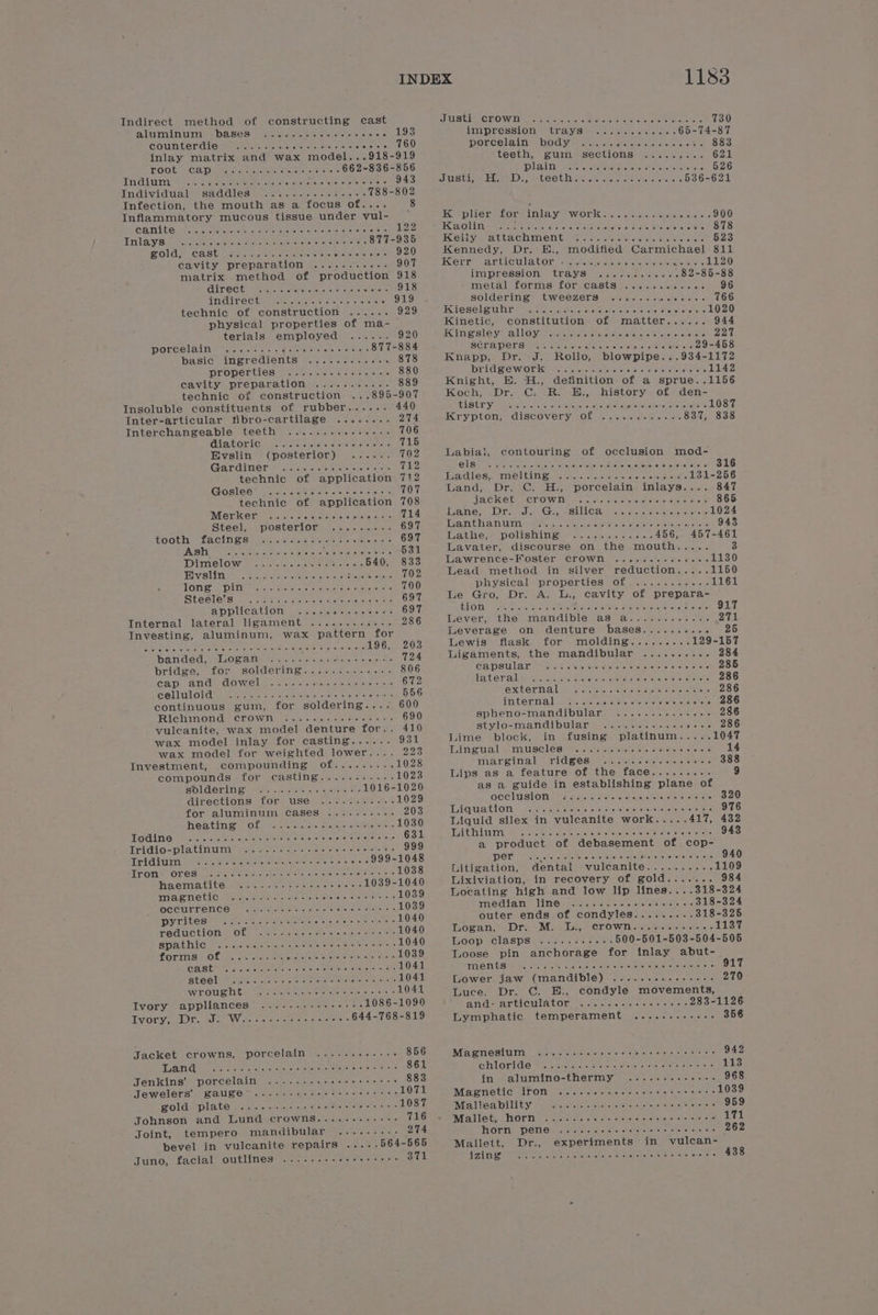 Indirect method of constructing cast aluminum, = PASC Screaecisiels teeta eles 193 AGH hMvet cre hier as Ack Suita cicto oe Ole Seiwa, FOO inlay matrix and wax model...918-919 TOOt, VED. aero cousahae serene wie eseae 662-836-856 iasveshbbeaWes ‘Ges ceo ipso) o.w, bvolR Uiere O Diceom? Ol) cacagacn a) 943 Ipakshiekokheul ceGiekslacy eos cok Gt-ola oom ocuc 788-802 Infection, the mouth as a focus of.... 8 Inflammatory mucous tissue under vul- (ots ob, 4K. coo Och okb tudo Giioren orctta tes p near one Ib eU NA Os pie A darko, Ove. oon camino ocd OIL 877-935 SOAS Cast frrscustens scree oe Say cmaiee omens 920 Cavity preparation ........... 907 matrix method of production 918 ITO Cte ei ce eta teuiicis er cheat ehatelte 918 TING OCH aM nero Rerele a lie oreRe gels 919 technic of construction ...... 929 physical properties of ma- terials employed ...... 920 POKCelialins toch aw 2 4 oie eterais:s epelale 877-884 basic ingredients ............ 878 DEOPERUICS (Fic see 3 ae 880 cavity preparation ........... 889 technic of construction 895-907 Insoluble constituents of rubber...... 440 Inter-articular fibro-cartilage ........ 274 Interchangeable teeth ..........2..-.. 706 Aiaitoriiep esac shel erie stsiatiens 715 Evslin (posterior) ...... 702 Gardiner -cvarschetertie miess) = ect 712 technic of application 712 Goslee? cinco ia ds-om s dates 707 technic of Bey evs 708 Merker ..... oie semer aa, oreks ‘ 714 Steel, posterior lease ere 697 toothy “facings: Wes csiccec «rcmeensan &gt; 697 TASTE pacteretet ick ter sencgeMecaete shakaeeens 531 IDAUIMELOW: geste oo eee 540, 833 FY STAM FL ao haceate aces bee ar eer netoasme eas 702 i oy ae UN a Gme, dren Biewe 6 Sea eenolste oxy 700 Steelersigus coe vs othe a sissousdeemereaeue 697 Eh opeyliore mevorols Yon Glan RY euapaittous! Be 697 Internal lateral ligament ......i0¢5-. 286 Investing, aluminum, wax pattern for PARA” Eh LE Met Ter eee heen eens tea syalrengy 196, 203 isfbatolsoh, iefaeha Go sbieee a oom ods 724 bridge, for soldering..:..:....... 806 cap and dowel. 2... cam. sss 365 - = 672 Cello rdas eee ee ee: choke tials oh viel ie ehsueys 556 continuous gum, for soldering.... 600 FUICV WOM COW Fieis eo sire: i sues eters ae or 690 vulcanite, wax model denture for.. 4106 wax model inlay for casting...... 931 wax model for weighted lower.... 2238 Investment, compounding of......... 1028 compounds for casting........... 1023 Pons len playeree + Aly cca chaet Orsi. OeciG 1016-1020 directions £Ors USE. Gaeta 1029 for aluminum cases .........; 203 Wea tHe OF Saisreccenc crane el lester 1030 TOL fens sta areca hee rrettes Mieke lol ene ete aire hagle in cows 631 lifes blocrolekebehehavee ee aoo.0 eo oo Oioocrs boaG 999 Ted GLUT Me cee eens east menen Wee ter er ee! si etn 999-1048 TOM OTC Sar eee cis abe te oke) nlelladal/e dnakaile tera inte 1038 IEW es RICH GUS my Equa ccidadia cebaneica 1039-1040 INAS MECC, Vrarle ws - ci evs ses 0 MERIC och: Rae 1039 OCCILELEMCE Na nici helene ac cle) cierkrs isin iolleloue te 1039 VORB | GoLauEe co Tacy cE CAME OO DO Spo. 4-086 1040 Teduction. Of —. Veatste o alee ow on eer 1040 SpOEnw onion Bie hic Oru o ints Go, cr cukctoneecame 1040 forms of 4. 5.°0...0. PETS Att thre eee eI 1039 CAS Ee de caire tal ens. eta tenar they eos ualeity 1041 TaN ena ae ae Rage i oC PaO FONG 1041 ViiHObial? ing odaer anon ce 0 fu ou Se 1041 Ivory appliances ........-+++++: 1086-1090 liigorcnigy od Diggs Ciena iiolome cs cine oolbid-ound 644-768-819 Jacket crowns, porcelain .........--&gt; 856 IBEW elses MPLoee meee oe OS Dre oOo AIO mao pre 861 Jenkins’ porcelain ........-esseeeeees 883 Jewelers’ SAUL 2... eee eee eee eee 1071 gold. plate ...... 2+ ude e eee ees 1087 Johnson and Lund crowns.........----. 716 Joint, tempero TYLA GL LO UA els socio ened = 274 bevel in vulcanite repairs ..... 564-565 Juno, facial outlines ........s++s+-+-:: Rial 1183 TSEC BOW INE ne tere Well oncico octlcase ke tone &lt;lis vatatolton oy ey 730 IMPRESSION eA y: seer cecenecracless 65-74-87 porcelain body ..... a put Ba-bseuc Bice oas 883 teeth, gum sections ......... 621 LAU Tas Ger eens otrohes sha te be eocBan ne 526 US bite Ele eS ate GL as cise cenete te teres 536-621 K plier for PRU Vee WiOU Kel ole eden s ekalete waste) 900 Ole moses ab ered ake ounele Gace S ekese 878 SHV ACTA CD NVETLE ei el steraters. crete dette otene 623 Kennedy, Dr. E., modified Carmichael 811 Kerr articulator oc ..11 Sema lereh ate retarabeite Tetite stk O) iMpPression TLAYS 22. vserncwse 82-85-88 mietal! Lorms LOrecastSin-sc.s sate te ee OO soldering tweezers ......... BA 766 Kieseleunnry ~ 47%... ..s.: Sekaiehsites wisi shee se eee - L020 Kinetic, constitution of matter...... 944 Kinesley alloy vse ese crake te tones Ba mee SCRAPOSES eit alery Biardialos¥a'etabe.o iphateranes ove 29-458 Knapp, Dr. J. Rollo, blowpipe...934-1172 Dri SSW OPK 9+. eect onne areis- 2 sie Maree oe 1142 Knight, E. H., definition of a sprue..1156 Koch, Dr. C: R. E., history of den- UL SULY asia dntece: Melee oneae Fel cle avievohere lt ousteter 1087 ry ptony: disGOVeEry:sOL ics tev«retsie ei sre ger. 837, 838 Labia}, contouring of occlusion mod- GLSeo we. Woven atieens a eere en bats stiyec see starsat BLO Tse USS ENS MELIN EE we iets, cos ta neers sic. edeencaat 131-256 Land, Dr. C. H., porcelain inlays.... 847 JACKE Pe AGL OW IE ici. clan mepstere ee ekenencrsne ones 865 Uaren Dries) a Gray, we SUC Alaa feet atc al awe) enaiiel ok ems 1024 iCBbotlatepakvuouers wea ein yuapitho.cumoie tC tee 943 Tahlye we polis cra cveiare eo isnee,- 456, 457-461 Lavater, discourse on the mouth..... 3 Lawrence-Foster CrOoWn ...6c.es. ses 1130 Lead method in silver reduction..... 1150 physical properties Of ...5...85.% 5 1161 Le Gro, Dr. A. L., cavity of prepara- CLOT Sotire chs ects eon abetiaet vaste el cxaniers ‘ 917 lever. tie) mandible As avs ose aisle sere 271 Leverage on denture bases......... = AS hewis flask for molding. ....... 129-157 Ligaments, the mandibular .......... 284 CAWSULAr See otra eas Mera mseeneielien © ere e se 285 MECCOY ALG ans ce kas eet eg Ina, fais ny aulehecstah awake 286 EM COL TAL Pe krleptese eee reisieiets) eushetetolere 286 TIC CMI al ae a eaterybiel ete, israel areata ite . 286 sSpheno=mandibilare si). occ ser 286 Stylormo a Mell DM lars Pte veers eae ls oie PF 286 Lime block, in fusing platinum..... 1047 TINE WA SATLUISCLSS Mine ens oy etenene sets at ancl ws ote 14 marginal = TIASOs! Vk sia ee ewes ees 388 Lips as a feature of the face......... 9 as a guide in establishing plane of occlusion &lt;....... Savantiese sohioe oitceks 320 iotonbiets opal ec ota ins UceiGig Diino Corda 6 ols Osc 976 Liquid silex in vulcanite work a Apoaere 417, 432 TLE TLLIUTYN Sane eect clas ie ells: Guth Shenae) © se BiaNa’ Sr eke hors 943 a product of debasement of cop- POP. ales civ W olsre tim © ote Hee wooo om os 940 Litigation, dental vulcanite.......... 1109 Lixiviation, in recovery of gold....... 984 Locating high and low Hp lines... .318-324 nqaleKeh hab Abbas) So aamdeoogos AE cue 318-324 outer ends of condyles......... 318-325 Logan, Dr. M. L., crown.......... Ra claws Hoop claspst se ac.. ds96.0% 500-501-503-504-505 Loose pin anchorage for inlay abut-_ DaOUGR URI iss PREG L ARS Oton Parasia OOD. o Poo &gt; Oe 917 Lower jaw (mandible) ...........-.-- 270 Luce. Dr. C. E., condyle movements, AMES ar tL WlAstON oars 6, &lt;6 oils aio omelets ore 283-1126 Lymphatic temperament ........-.-+. 356 Mapinesitirm ia... hiettatnie = 1 eiil acinar ss 942 GIPLOT Ge ewes Se eletae tatamie eo stee career 113 in alumino-thermy ..........+:. 968 Maenetic IFOM 1... secs wee esse teenies 1039 Wewiceu khong © ee Gabino pe ocito bern Oacrce dic 959 AT alice, o HOLT ccpstey orcrelel ths aches) ace siecle) tents) oe 171 HOTN PONE «2... ces evesewrssreeceres 262 Mallett, Dr., experiments in vulcan- RICAR EN =&lt;) it oaateriin i SRienac- cht eRCaO ty Ol HERS UecaC CEC Cerin 438