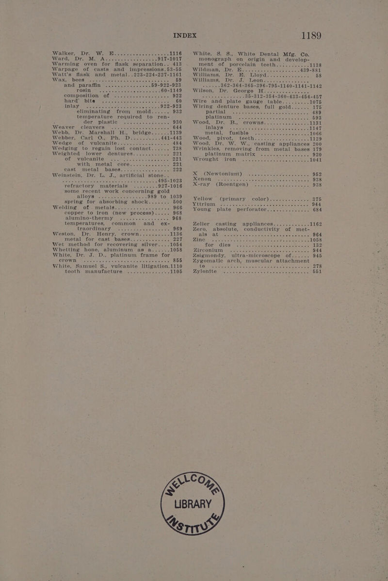 Wallcer, Dir Wa Bese a einiece, cree sor nrats 1116 White, S. S., White Dental Mfg. Co. WRT Drs mes er Aly cecineenecen geste te eee ens 917-1017 monograph on origin and develop- Warming oven for flask separation.. 413 ment of porcelain “teeth so... so0.06. 1138 Warpage of casts and impressions.53-55 WT Glia ality) ia-7 ag aet. ceetoh ses, etn cueteteters nice 439-881 Watt’s flask and metal. .223-224-227-1161 VUE ASS Ieee. lor bOsydlararet oe sete ncen ae te 58 WPS Et DOES Saaantcemtie oar eraeocreiatete ayes ote 59 VWalllvanisss moO rierd., sbiGOleis secs nae. crc. amano lem ayeHarsWaulnl. Bic. yotrdcecg hice Te DOK Vas =O Se ees Me. ne 362-364-365-396-795-1140-1141-1142 POSIT go eran macro ents ore tae 60-1149 Wiis Onset GCOrS6F Tis carci ke ithe as cree CONUPOSIEIONT Oly were tees sists aan &lt; 922 siehets » sels, sells BU —-ol 2—sD45960-4390—454=455 Rardl biter ta eee ee ae neha ee 60 Wire and “plate ‘gauge table....:.... 1075 TELE SAO eciare ites Ska ore Oe Sty he 922-923 Wiring denture bases, full gold...... 175. eliminating irom. -mold. 1. 4. 932 Da Tula wee may erste ek epace emt cus Sate 489 temperature required to ren- Vatitem cay oh og oes Aare On sine AGA is Cla at 593 F Ger ce DLA sitC a poche epee fa sae Stores 930 WOO. «G12 els cee OK Oval Sia. haat iee ae ee ileal Wieaverss Cleamersin manthy lcmceieer noe hie ace irc 644 DELUAWS phatecey cece hereon ete aie ieee te 1147 Webb, Dr. Marshall H., bridge...... 1139 TAO CAL FS LUST LG), samt ata o cums seas 1066 Webber) ¢Garle Off (2h, RAD fuses todos. 441-443 IWOOd: = plvotes teeGh:.. 4% occ itee te cee 1129 WVECPS VO | WIC M ICC is ary sao ee ceten instore 484 Wood, Dr. W. W., casting appliances 200 Wedging to regain lost contact...... 738 Wrinkles, removing from metal bases 179 Weighted lower dentures............ 221 pPlacinuMay moiaie ici cers sesh otc c aie 920 Of Sud Canney oes mes ce cate treae ee chek 221 War OLA weil OTe a itete hee che ton es Ak ee 1041 With ametal” COnes «enls.¢.eiee omer 221 CASt MiInCusLBMOASES om) auweteee rs ais tetas 222 oe Weinstein, Dr. L. Sips artificial stone.. d:G (Newtonium) nfo aY.aihe, 60% alla sy atiotieMelier aipaita ee 952 RAS de ak SA ae vg ee PRE 495-1023 ENCE EU OME Nye se pepe eeh chalet abote cham Etnies oe ee POS. refractory materials ....,... 927-1016 X-ray (Roentgen) 7. ...3.0.sde..s. 938 some recent work concerning gold QUO VS yeas emkioceee Gk ee es 989 to 1039 : 35 spring for absorbing shock....... CUS Gita Wehr een Rata oe Roe Wieldings ote niet alist ter scree secre sie apetore 966 MOUS Plate we perlorat Oly nace srmieis stent ee 684 copper to iron (new process)..... 968 Guilibkasuualusakeymoaaic | tae a hos. seer eee IAG. 5.5 968 temperatures, common and ex- Zeller casting ‘appliances....,....... 1162 CEA ORGIINAU Voges ere ore ieus isto saeal anette 969 Zero, absolute, conductivity of met- Weston; » Dr ~ Ereniry; crown = se» des. ste 1136 US Era taka eae eae eke sherer ceaieers AR ORE: 964 metal, -formCaste DASSicn cmohie ce eos 227 LGN OR a an Py eo aNe ee Gan aT ea Oe aD. EMC eae 1058 Wet method for recovering silver....1054 TOR eCVeS! fcreret, | eNO eee SOL ee non as 132 Whetting hone, aluminum as a...... 1058 ATC ONANITID. oe cyrePatenantetet otter ce uel the eben clemeitees tte tate 944 White, Dr: J. D., platinum frame for Zsigmondy, ultra-microscope of...... 945 (CIAONW EN Beer et col Sone univ eel it cake oted eats G 855 Zygomatic arch, muscular attachment White, Samuel S., vulcanite litigation.1110 IX in cn Daortuoiry SORE GS m oo OOD. Ono oak 278 FOokhe muanutac trees. «ser meree ek 1105 PEON MKS ai SI Gor OnG cho outon ra Smo Saco oS 551