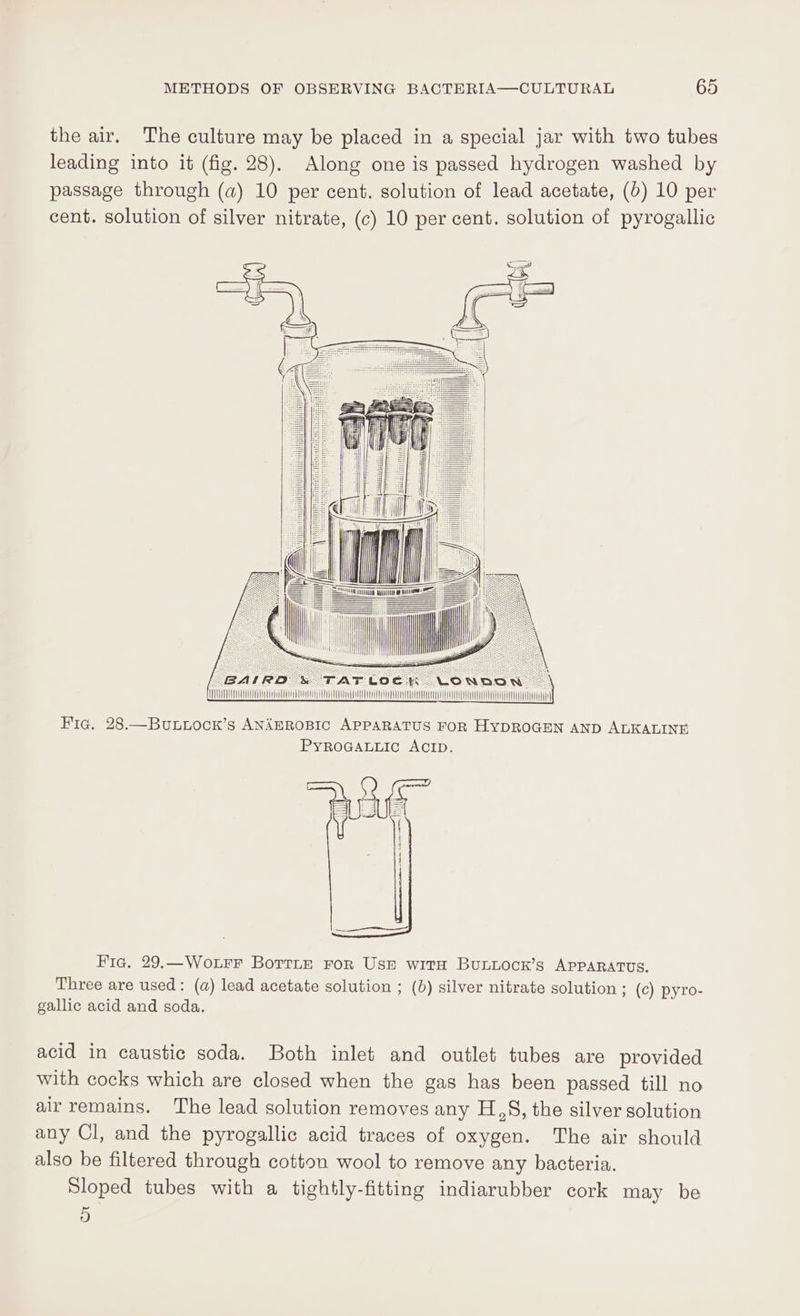 the air. The culture may be placed in a special jar with two tubes leading into it (fig. 28). Along one is passed hydrogen washed by passage through (a) 10 per cent. solution of lead acetate, (b) 10 per cent. solution of silver nitrate, (c) 10 per cent. solution of pyrogallic —— TU S cUu (BAIRD &amp; TATLOEK LONDON © Tic aT Fig. 28.—Buxuock’s ANAEROBIC APPARATUS FOR HYDROGEN AND ALKALINE PYROGALLIC ACID. Fia, 29.—Wourr Borrte ror UsE with BuLLock’s APPARATUS. Three are used: (a) lead acetate solution ; (b) silver nitrate solution ; (c) pyro- gallic acid and soda. acid in caustic soda. Both inlet and outlet tubes are provided with cocks which are closed when the gas has been passed till no air remains. The lead solution removes any H,S, the silver solution any Cl, and the pyrogallic acid traces of oxygen. The air should also be filtered through cotton wool to remove any bacteria. Sloped tubes with a tightly-fitting indiarubber cork may be 5