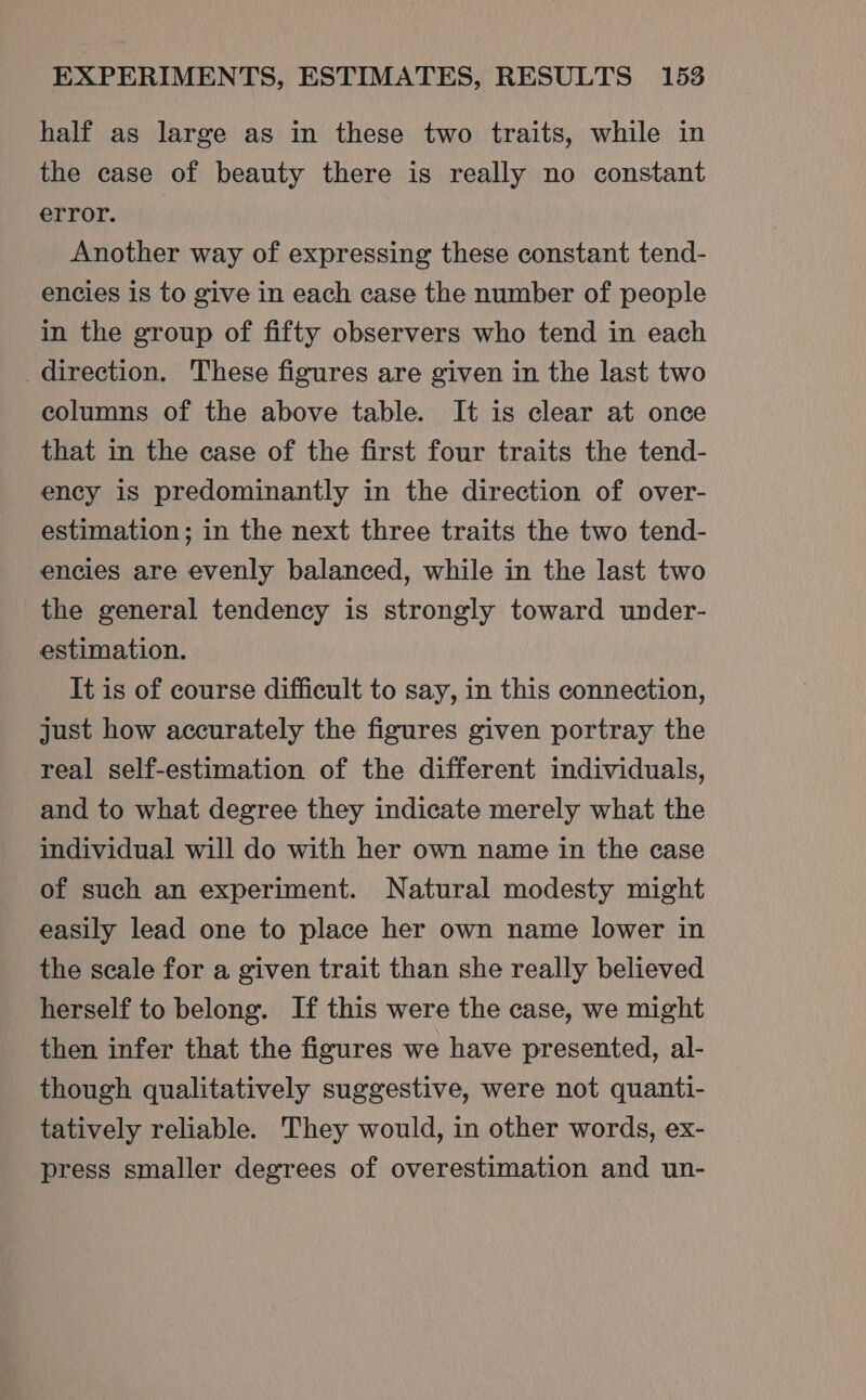 half as large as in these two traits, while in the case of beauty there is really no constant error. Another way of expressing these constant tend- encies is to give in each case the number of people in the group of fifty observers who tend in each direction. These figures are given in the last two columns of the above table. It is clear at once that in the case of the first four traits the tend- ency is predominantly in the direction of over- estimation; in the next three traits the two tend- encies are evenly balanced, while in the last two the general tendency is strongly toward under- estimation. It is of course difficult to say, in this connection, just how accurately the figures given portray the real self-estimation of the different individuals, and to what degree they indicate merely what the individual will do with her own name in the case of such an experiment. Natural modesty might easily lead one to place her own name lower in the scale for a given trait than she really believed herself to belong. If this were the case, we might then infer that the figures we have presented, al- though qualitatively suggestive, were not quanti- tatively reliable. They would, in other words, ex- press smaller degrees of overestimation and un-