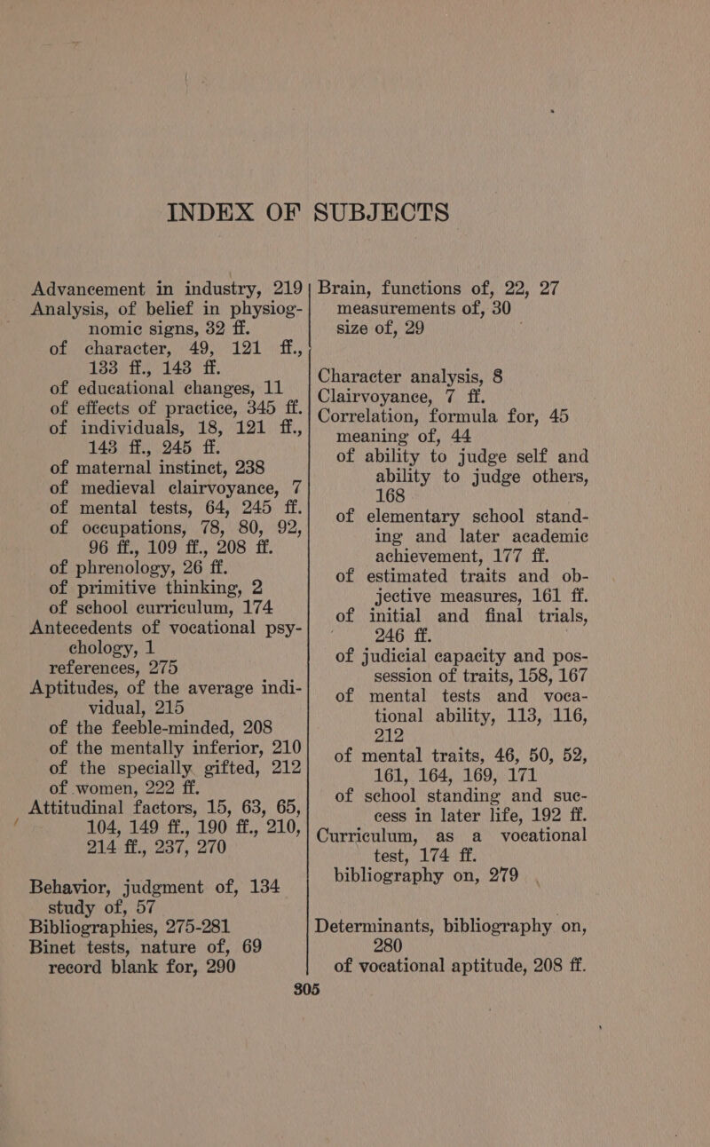 Analysis, of belief in physiog- nomic signs, 32 ff. of character, 49, 121 ff, 133 ff., 143 ff. of educational changes, 11 of effects of practice, 345 ff. of individuals, 18, 121 ff., 143 ff., 245 ff. of maternal instinct, 238 of medieval clairvoyance, 7 of mental tests, 64, 245 ff. of occupations, 78, 80, 92, 96 ff., 109 ff., 208 ff. of phrenology, 26 ff. of primitive thinking, 2 of school curriculum, 174 Antecedents of vocational psy- chology, 1 references, 275 Aptitudes, of the average indi- vidual, 215 of the feeble-minded, 208 of the mentally inferior, 210 of the specially gifted, 212 of women, 222 ff. _ Attitudinal factors, 15, 63, 65, 104, 149 ff., 190 i 210, 214 ff., 237, 270 Behavior, judgment of, 134 study of, 57 Bibliographies, 275-281 Binet tests, nature of, 69 record blank for, 290 measurements of, 30 size of, 29 Character analysis, 8 Clairvoyance, 7 ff. Correlation, formula for, 45 meaning of, 44 of ability to judge self and ability to judge others, 168 of elementary school stand- ing and later academic achievement, 177 ff. of estimated traits and ob- jective measures, 161 ff. of initial and _ final trials, 246 ff. of judicial capacity and pos- session of traits, 158, 167 of mental tests and voca- tional ability, 113, 116, 212 of mental traits, 46, 50, 52, 161, 164, 169, 171 of school standing and suc- cess in later life, 192 ff. Curriculum, as a_ vocational test, 174 ff. bibliography on, 279 280 of vocational aptitude, 208 ff.